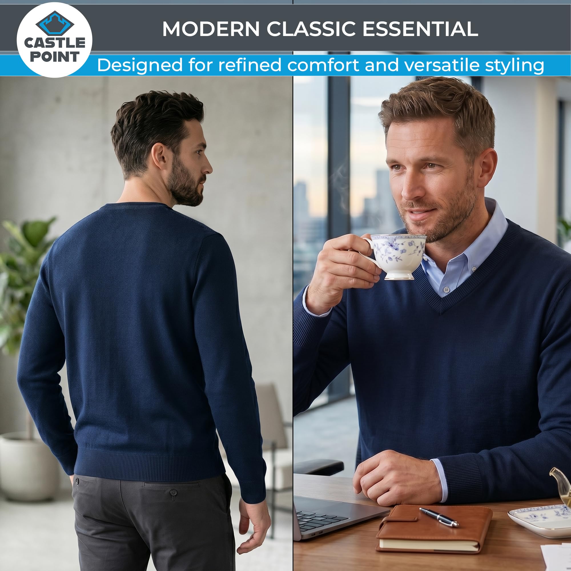 Castle Point Pull Homme 100% Coton Léger – Pull Tricot Col Rond ou Col V Pull Homme Coton Respirant Pull Léger Décontracté et Bureau