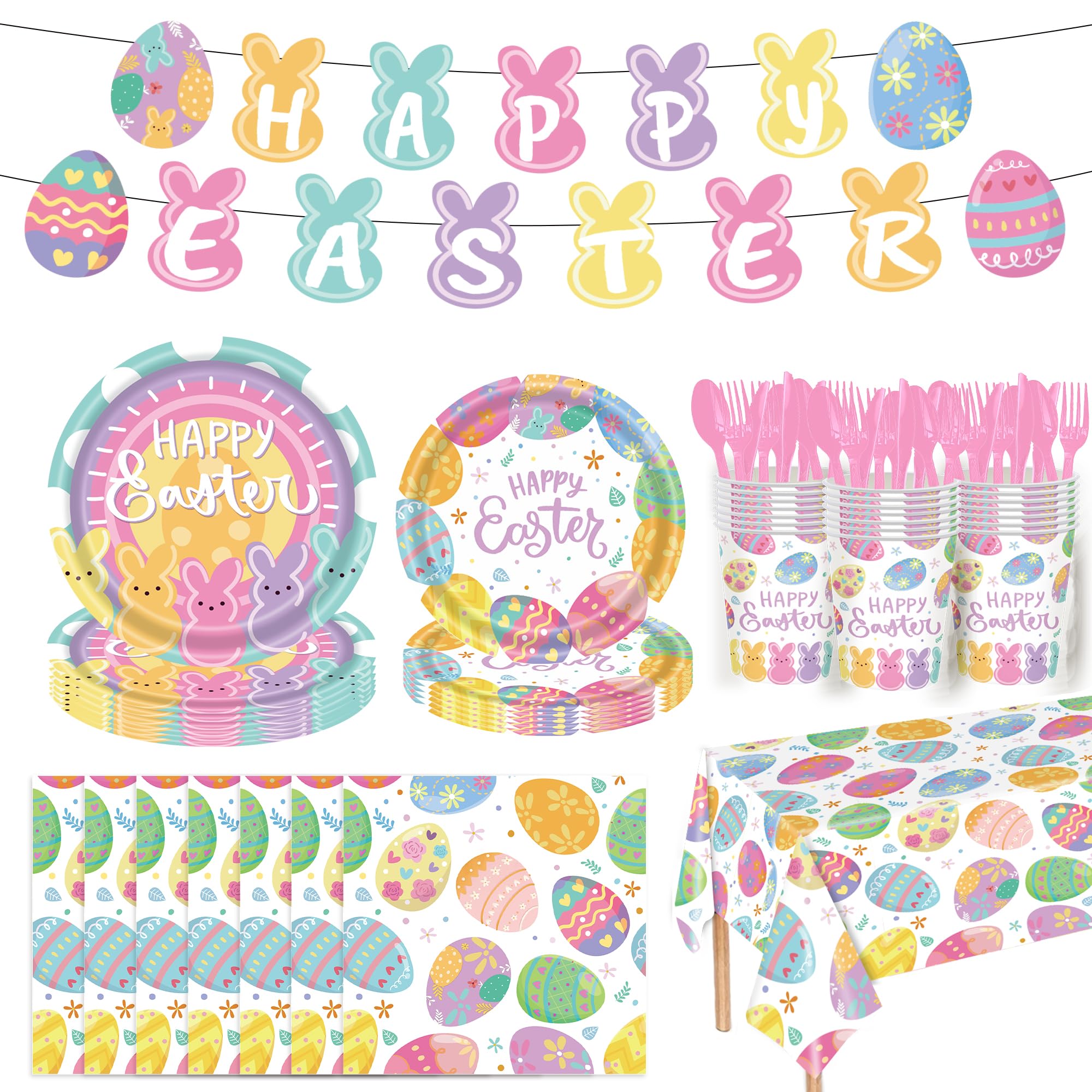 52 Pcs Easter Party Supplies Easter Party Decoration with Happy Easter Banner Bunny Dinnerware Tablecloth Disposable Paper Plates Napkins Colorful