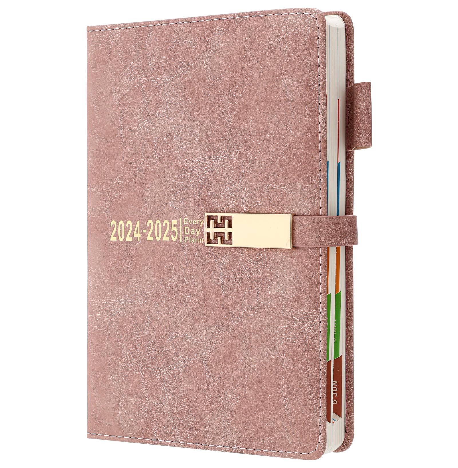 Agenda 2024-2025 A5 una página por día, planificador diario y mensual de 12 meses, pestaña mensual colorida, organizador de tapa dura con marcadores, bolsillo interior, soporte para bolígrafo (rosa)