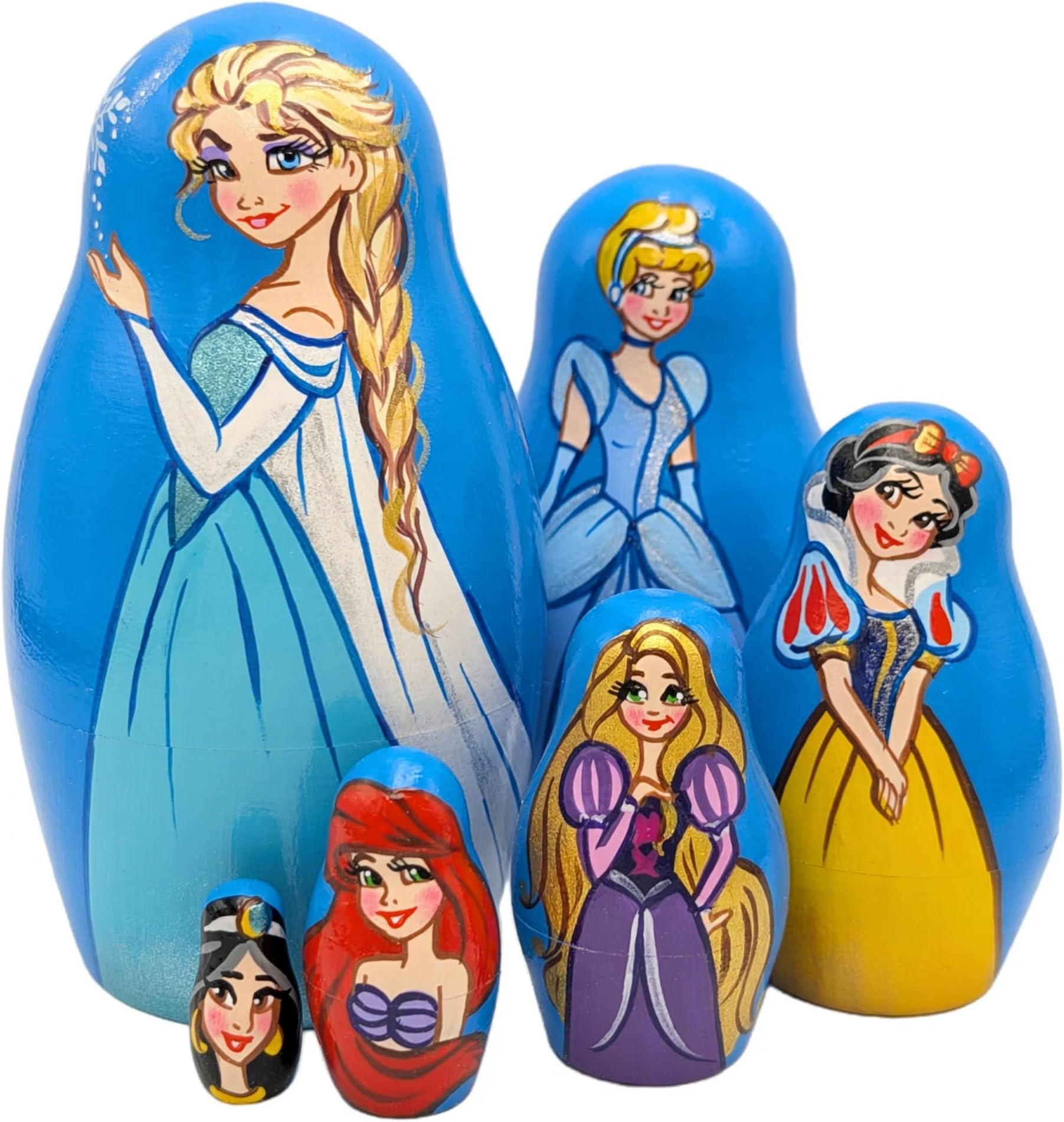 AEVVV Famous Princesses Wood Nesting Dolls Set 6 Pieces - Handmade Wooden Russian Matryoshka - Cartoon Heroes Figures - Matryoshka Doll 12+
