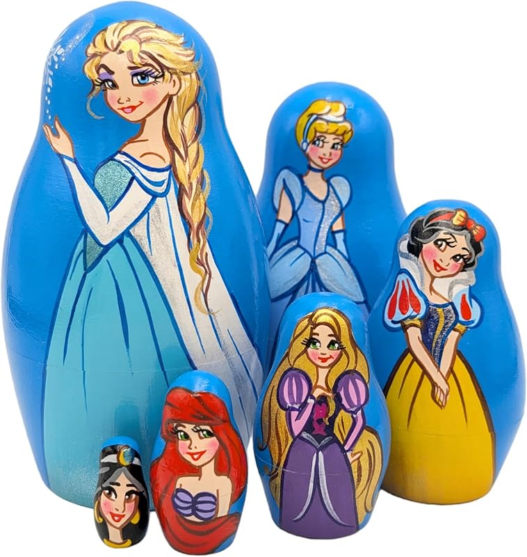 AEVVV Juego de 6 muñecas anidadas de madera de princesas famosas - Matryoshka rusa de madera hecha a mano - Figuras de héroes de dibujos animados - Muñeca Matryoshka 12+