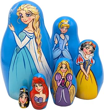 AEVVV Famous Princesses Wood Nesting Dolls Set 6 Pieces - Handmade Wooden Russian Matryoshka - Cartoon Heroes Figures - Matryoshka Doll 12+