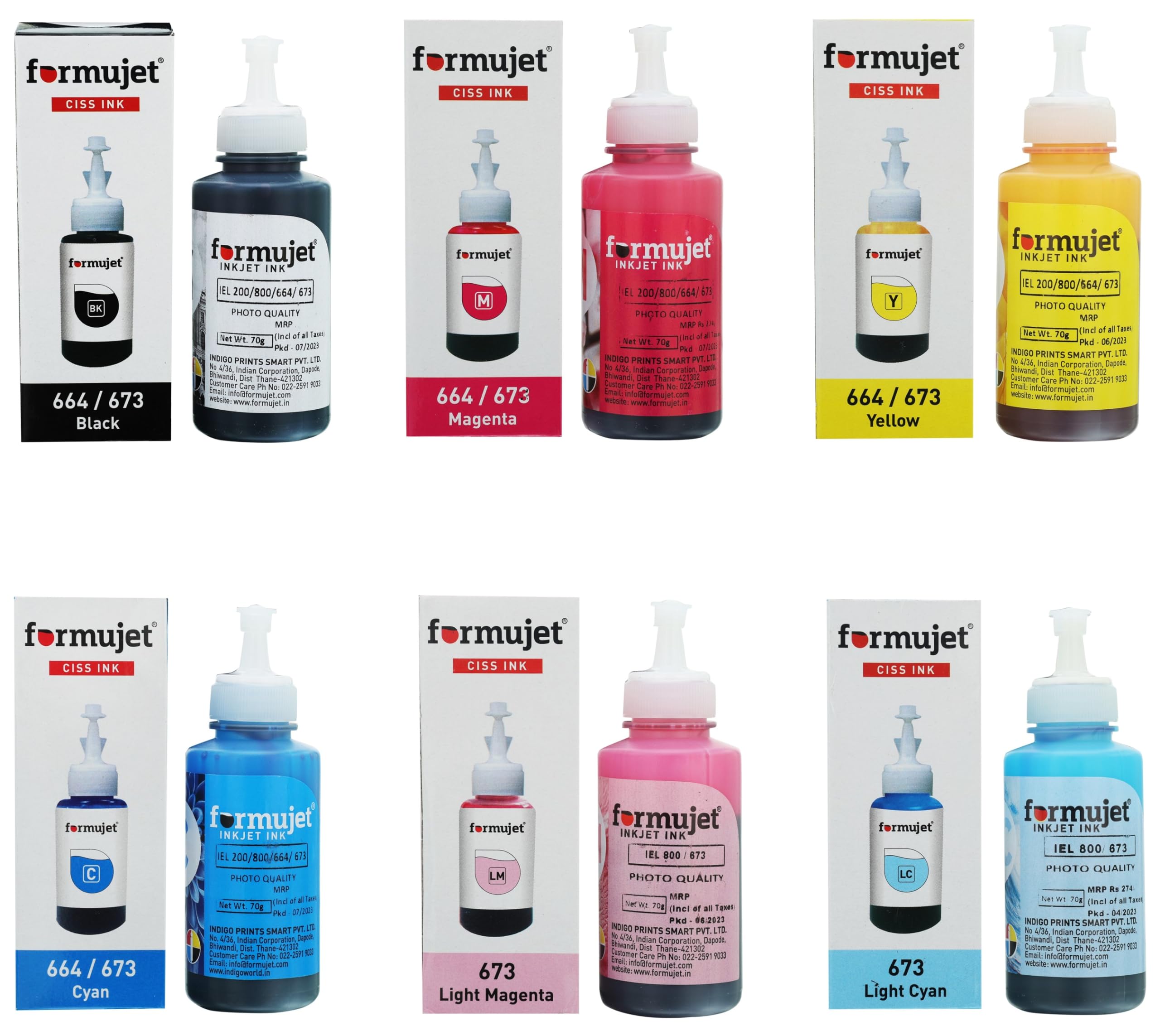 Formujet 664/673 / IE L200 / IE L800 (Cyan, Yellow, Magenta, Black, Light Cyan, Light Magenta) 70g Ink for Use with Epson Printers Like Epson L130, L800, L805, L810, L850, L1800 etc (B0779JDTV9) Amazon Price History, Amazon Price Tracker