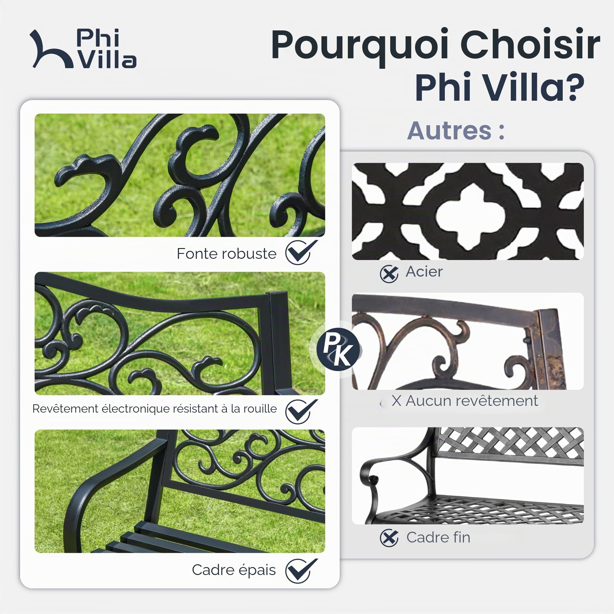 PHI VILLA Banc de jardin résistant aux intempéries en métal fonte avec cadre en acier - 2 à 3 places - Avec dossier à design floral - Pour parc, jardin et terrasse