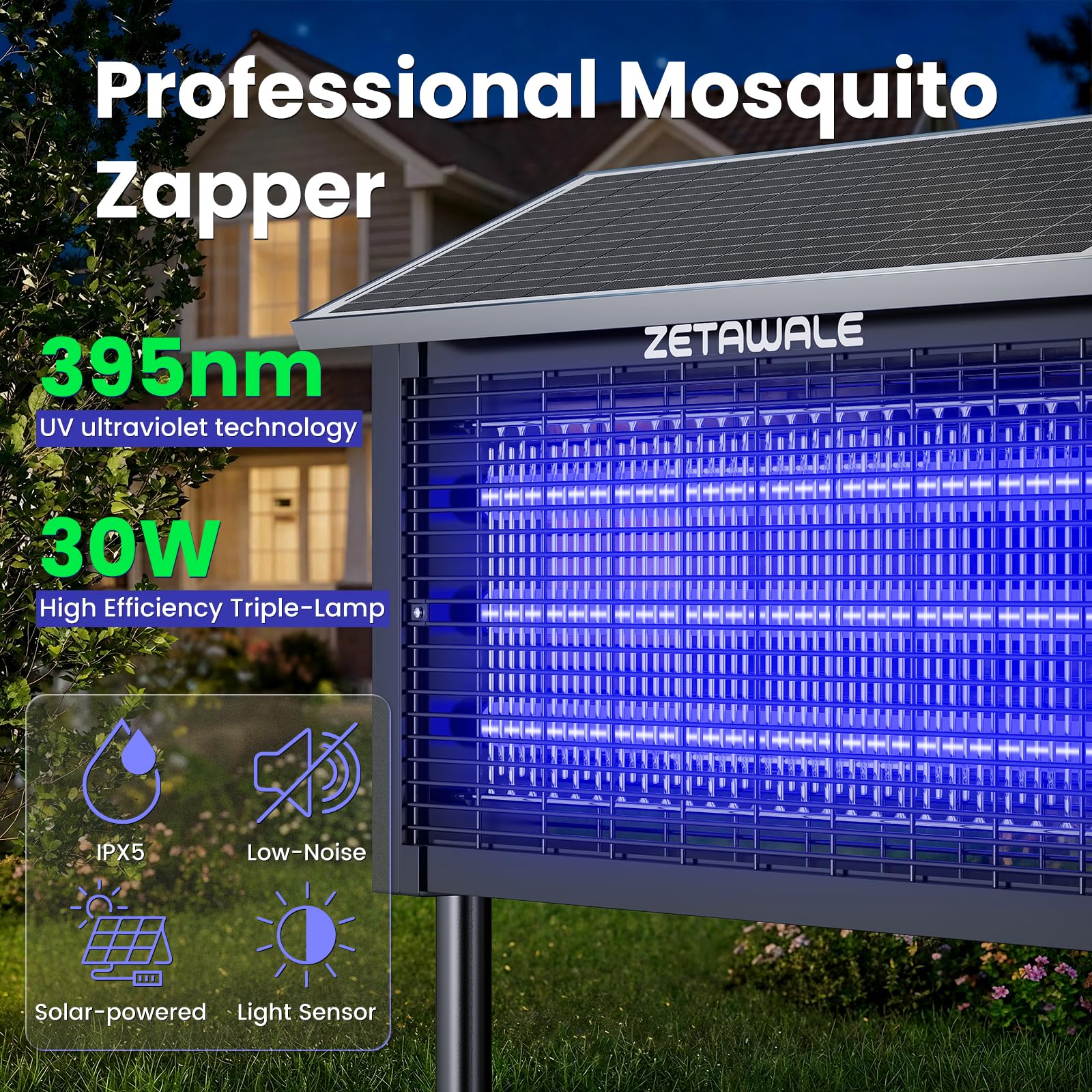 Solarbetriebener Insektenvernichter im Freien, 4500 V Mückenfalle mit 30 W Solarpanel, Fliegenfalle & Mückenvernichter, 6600 mAh Akku, IPX5 wasserdicht, deckt bis zu 4000 m² ab, für Terrasse