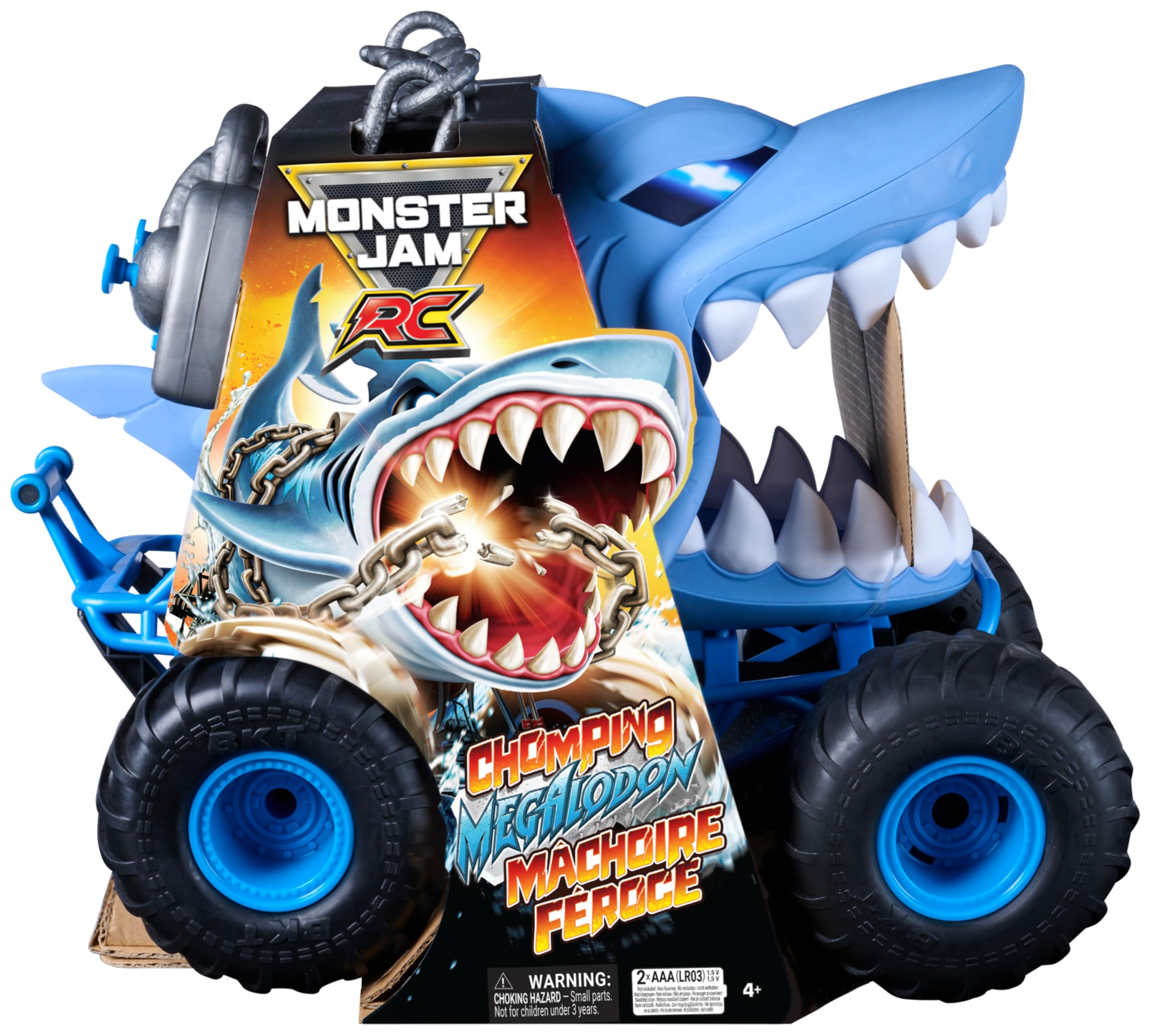 Monster Jam Chomping Megalodon RC Truck 1:15, ab 4 Jahren | 3 Action-Modi | Beast Mode mit Kettensprengung | Bis zu 20 Min. Fahrzeit | USB-C aufladbar | Wheelies & Tornado-Drehungen