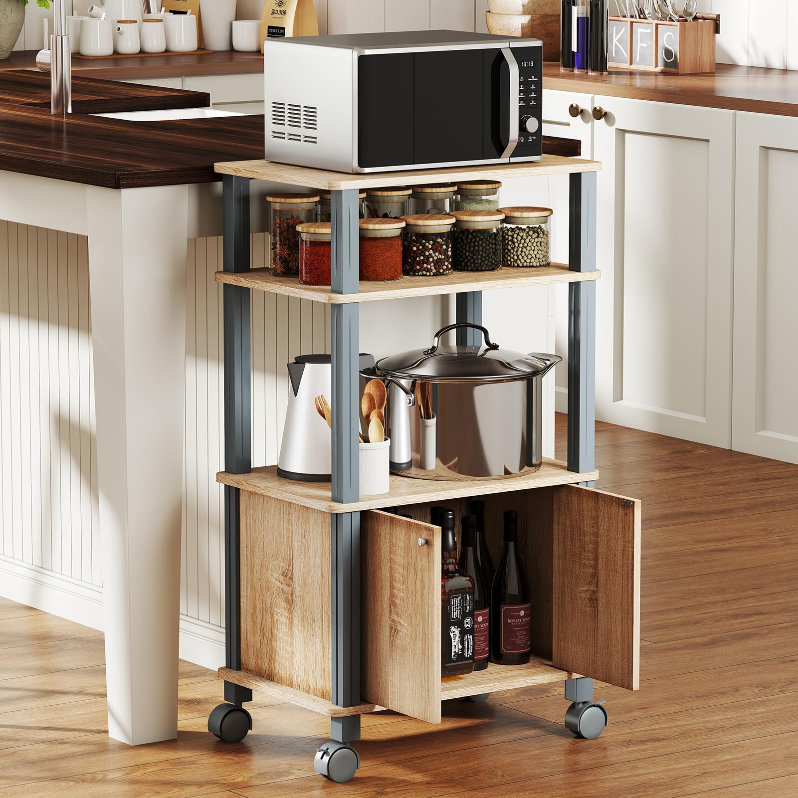 KOMFOTTEU Carrello da Cucina a 3 Livelli per Microonde, Carrello Portaoggetti con Ruote e Armadio con Porta, Carrello di Servizio in Legno, Organizer per Sala da Pranzo, 60 x 40 x 98 cm (Naturale)