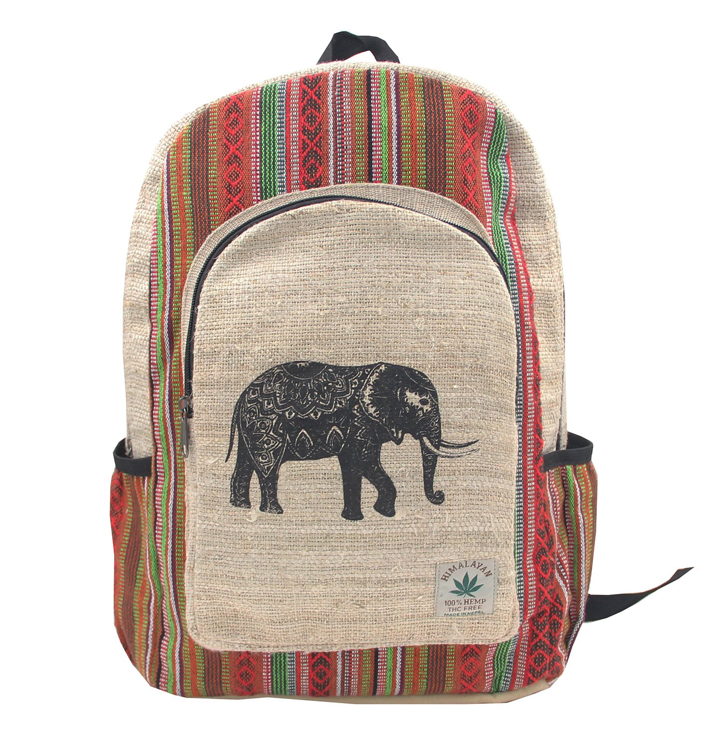 KayJayStyles Natural Handmade Large Multi Pocket Hemp Nepal Backpack (Elephant)