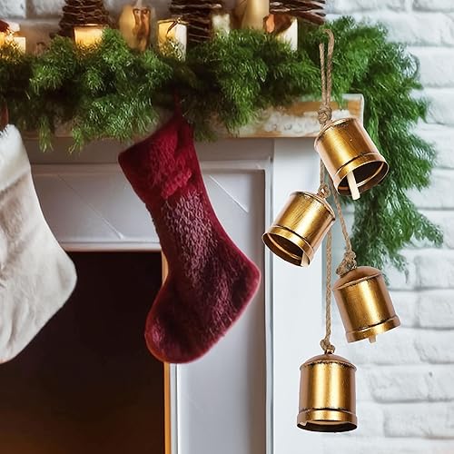 Miniatura 7 de Venforze - Campanas colgantes para decoración del hogar, Navidad, juego de 4 campanas decorativas con cuerda para colgar de yute, estilo rústico