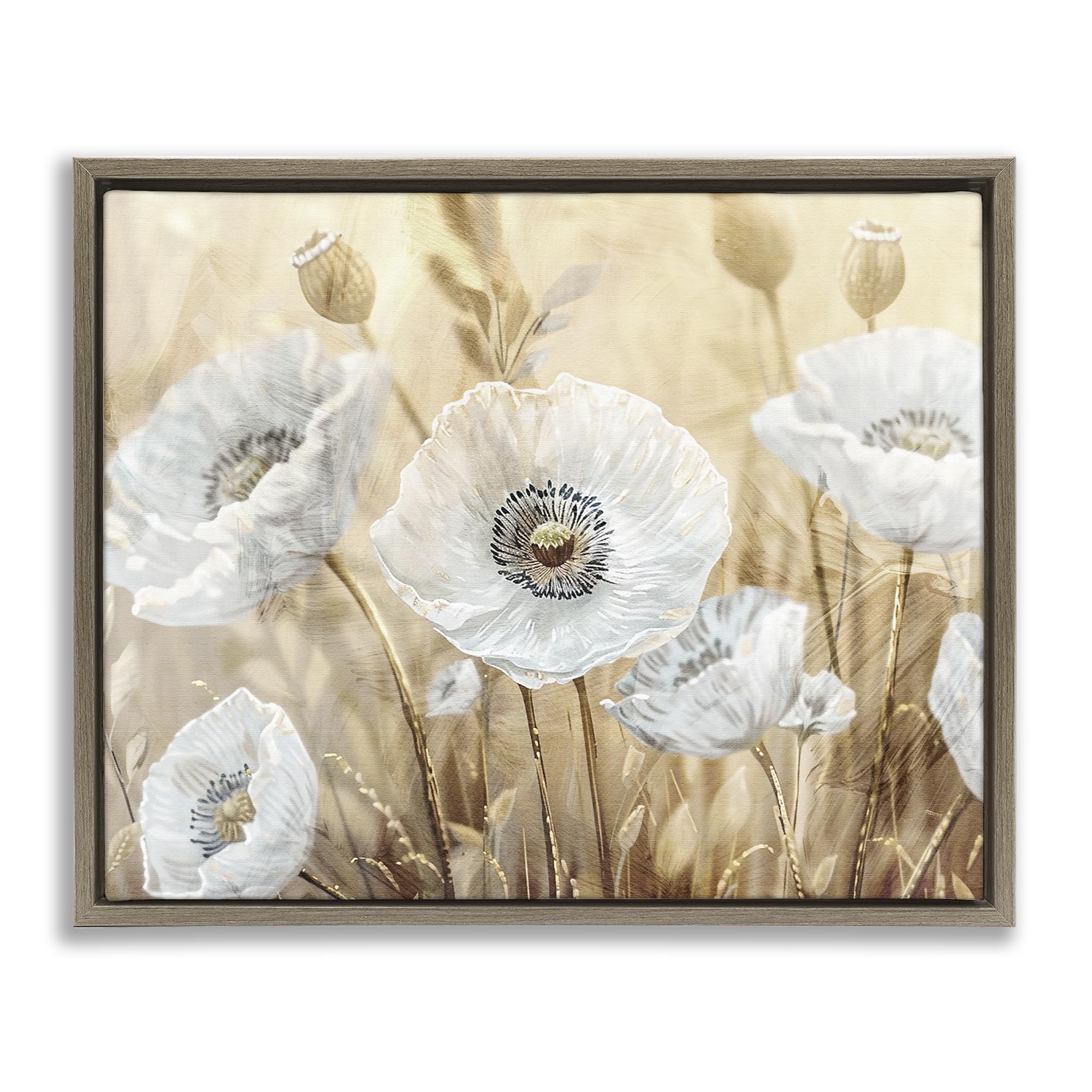Stupell Industries Montalcino Elm (Textured) 'White Poppies Beige Field', Floating Frame Canvas Art, Brown, 21 X 17 Inches, Easy To Hang And Sturdy, Made In Usa, By Kim Allen