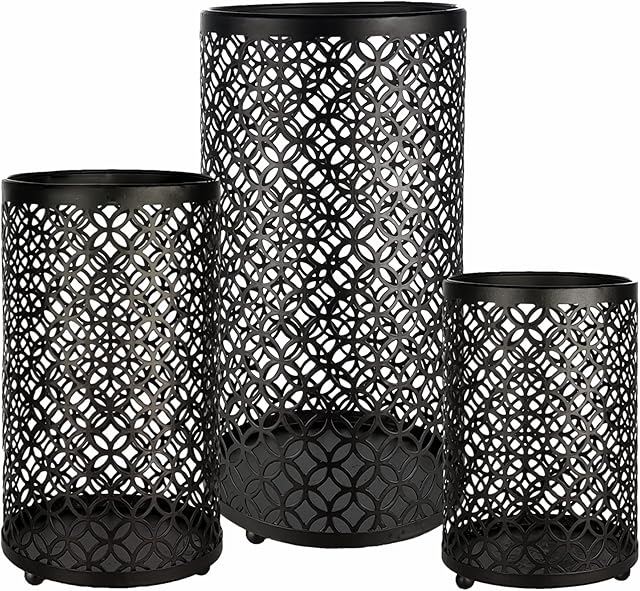Metal Candle Holder Set - 3 Candle Holders In Different Sizes - Oriental Candle Holders for Pillar Candles - Black Candle Holders for Vintage Room Decor - Deco Party, Wedding Table Centrepieces