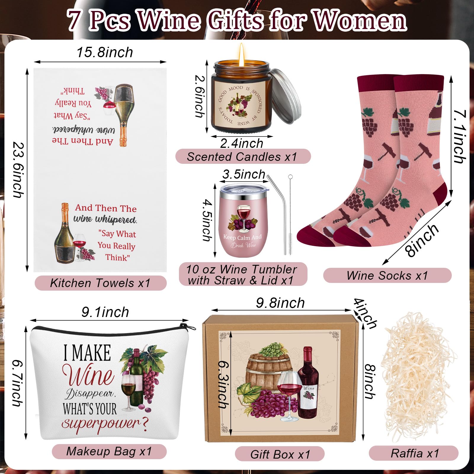 Sieral 7 Pack Funny Wine Mother's Day Gifts Set Include Stainless Steel Tumbler Scented Candle Kitchen Towel Crew Sock Makeup Bag Raffia Gift Box for Wine Lover Mom Sister Friends Coworker