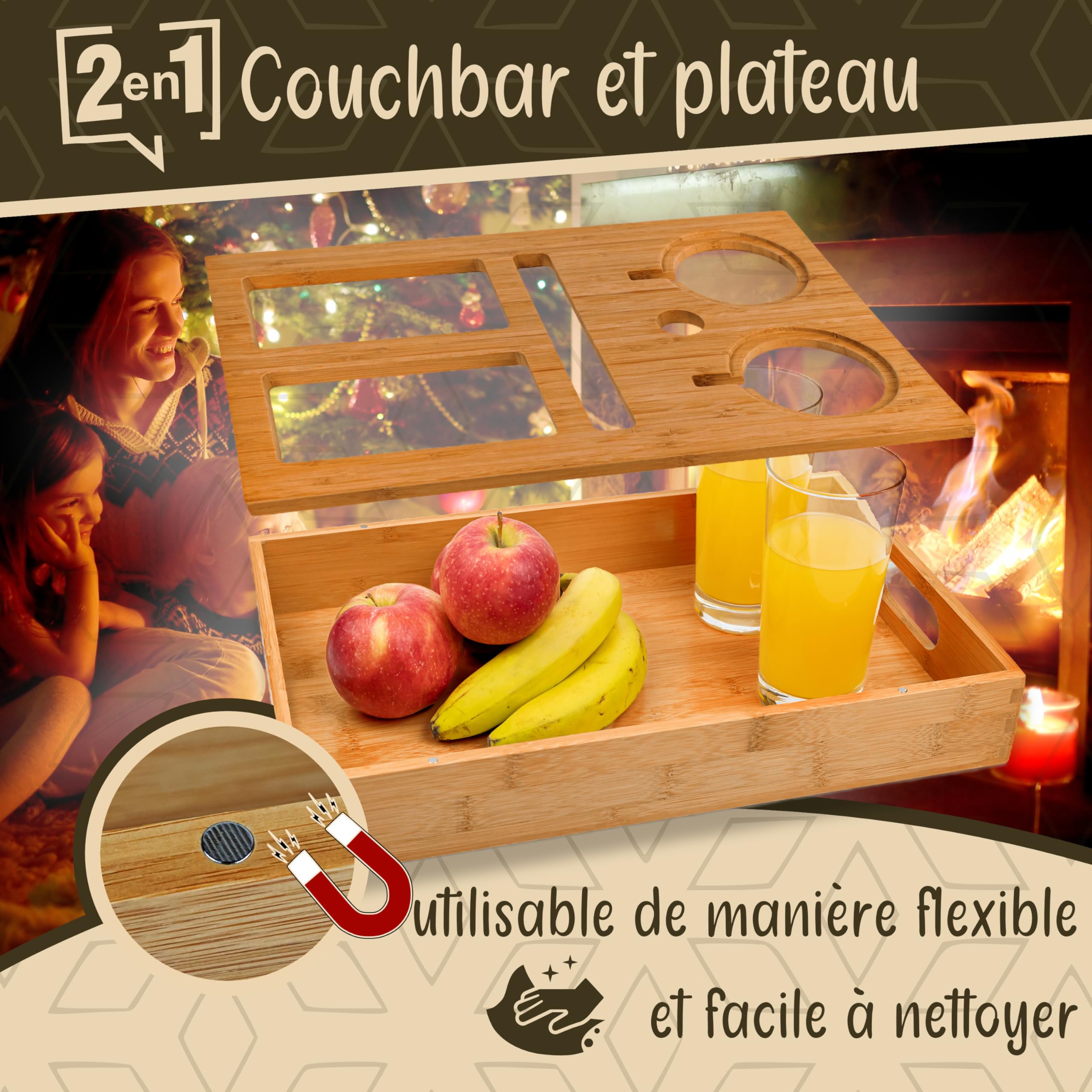Vassoio per divano con 2 ciotole per snack, in bambù, per divani, snack bar, con porta bevande, snack box personalizzato, per divano, per uomini e donne