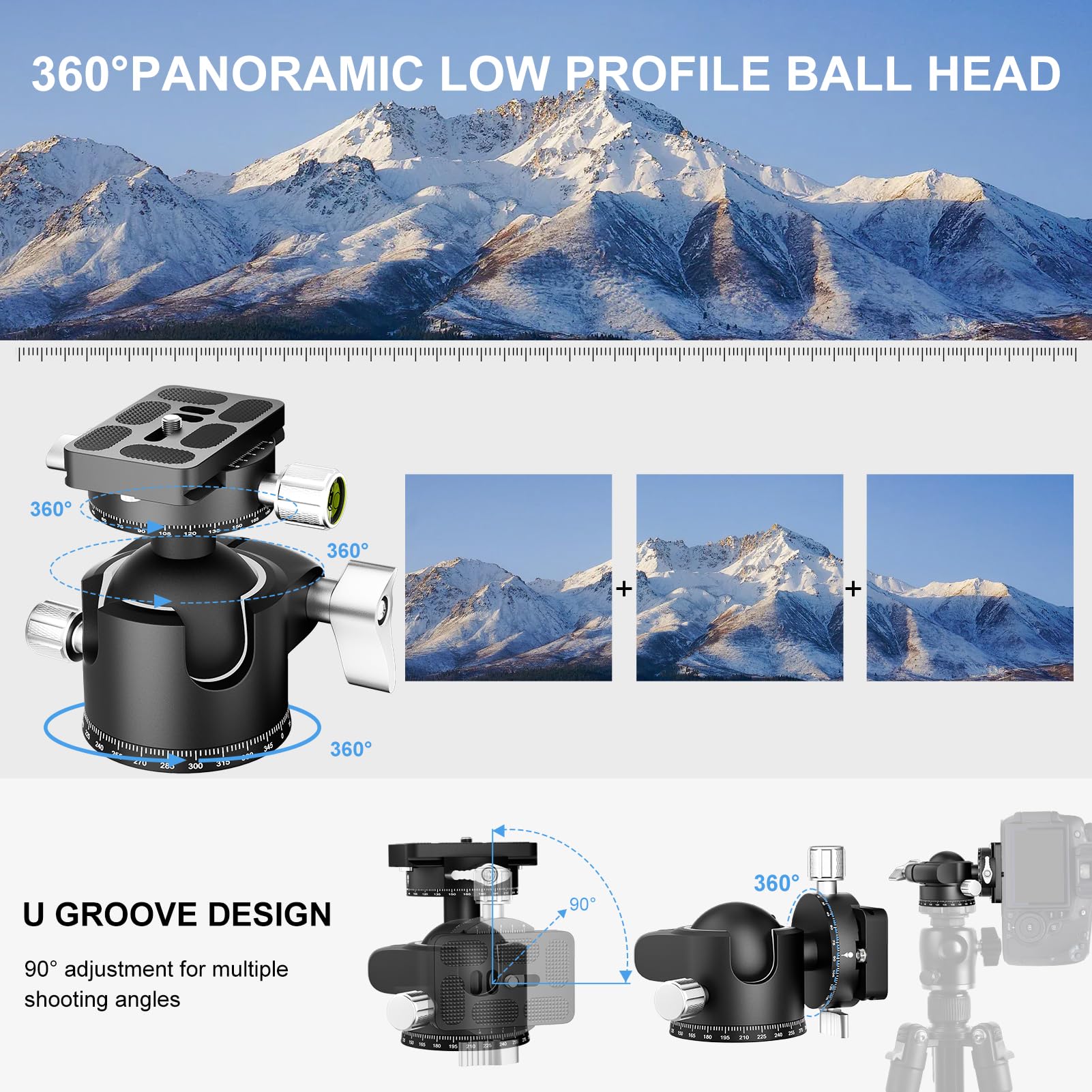 EMART Tête sphérique pour trépied à profil bas avec plaque de dégagement rapide Arca Swiss de 6,35 mm, rotule panoramique de 46 mm avec double rainure en U pour trépied, monopode, appareil photo