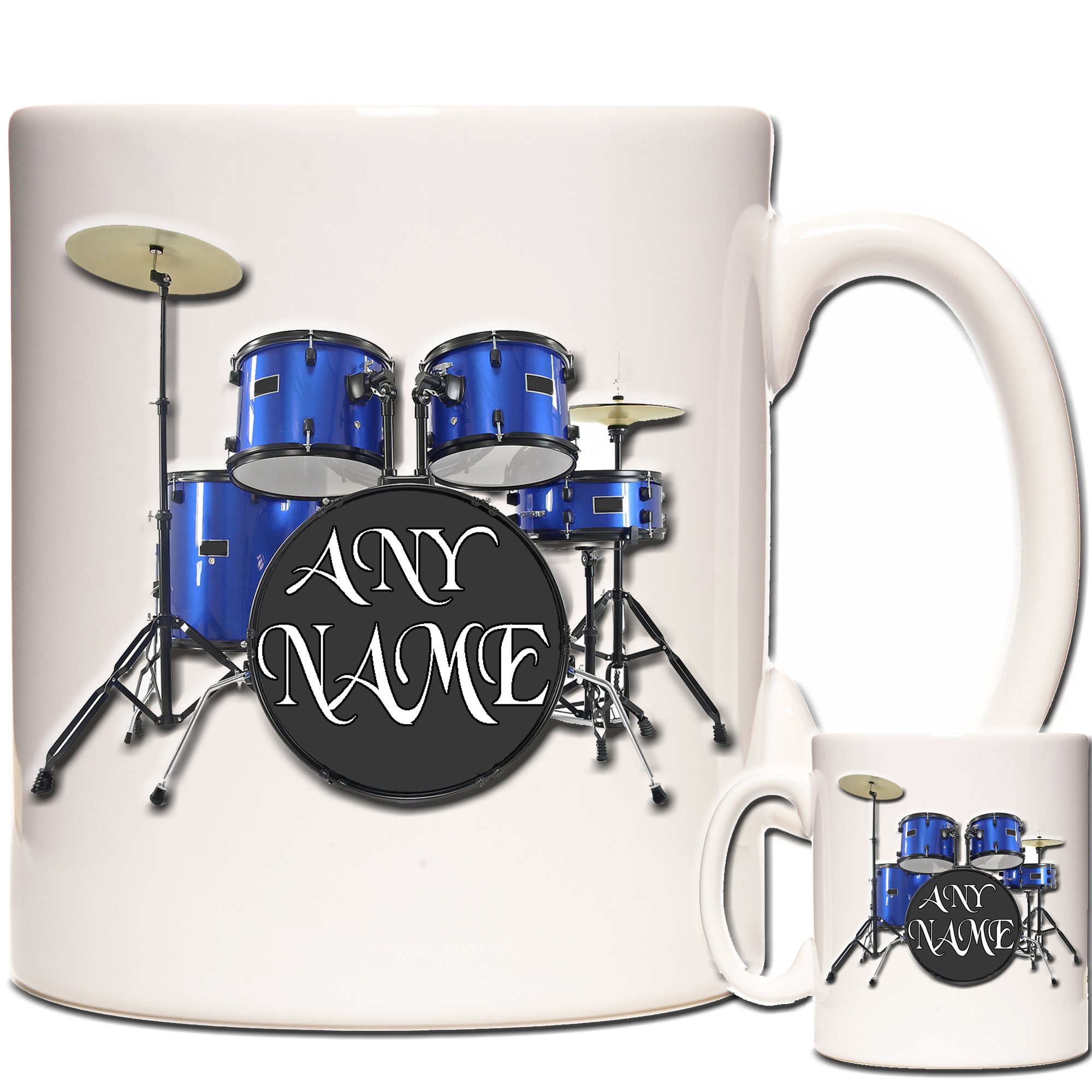 Kazmugz Blue Your Name Here Drum Mug, Personalised Drum Kit Drummer Music Rock Band Novelty Gift Mug, Ceramic Gift Mug For Drummers Everywhere. Drum Kit Mug