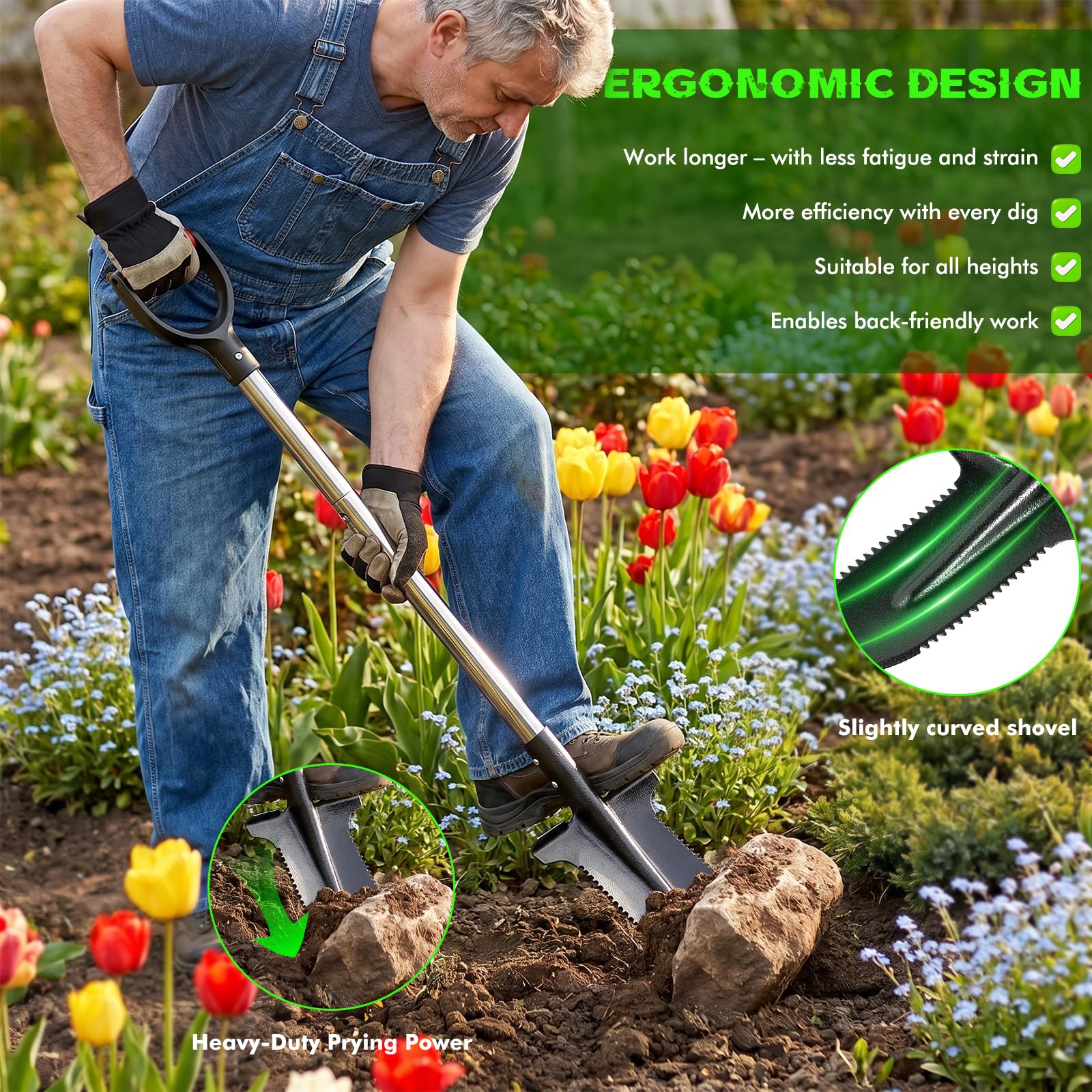 Pala de zanahoria resistente con grano de siembra, pala de jardín de acero al carbono de 115 cm con mango ergonómico suave, pala para jardín, raíces, excavación y suelos pesados