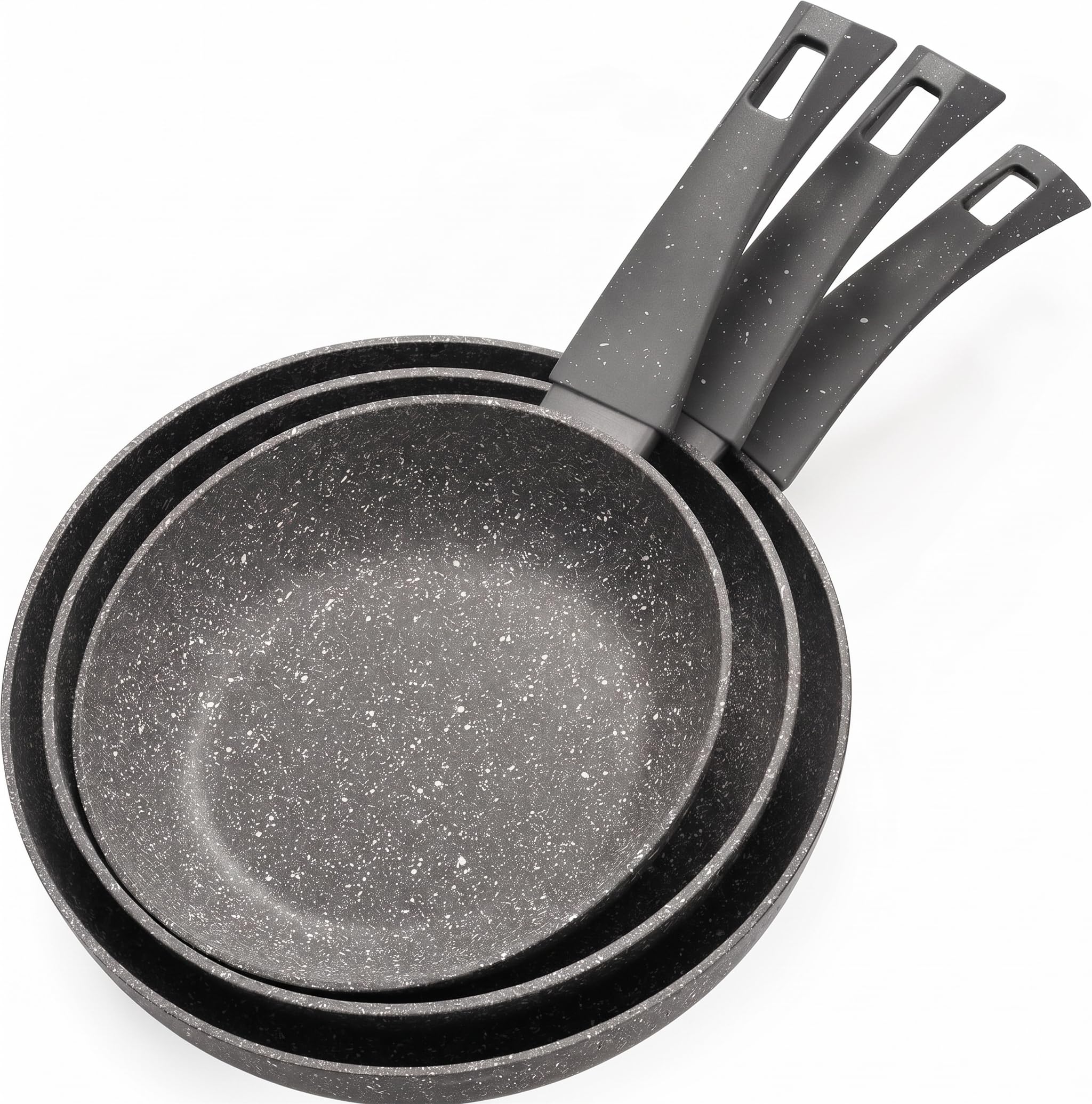Rainberg 3 Pack Non Stick Frying Pan Set, Granite Coating, Non Toxic PFOA Free, Induction Gas Electric Hobs Compatible, Anti Scratch Omelette Pan, 20cm,24cm & 28cm Cookware Frying Pans Set (Black)