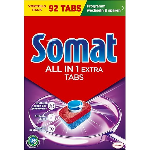 SOMAT All in 1 Extra Dishwasher Tabs (92), Dish Rinse Tabs for Radiantly Clean Dishes, Even in Low Temperature, Short & Eco Programs, Removes Crusted Items and Provides Brilliant Shine