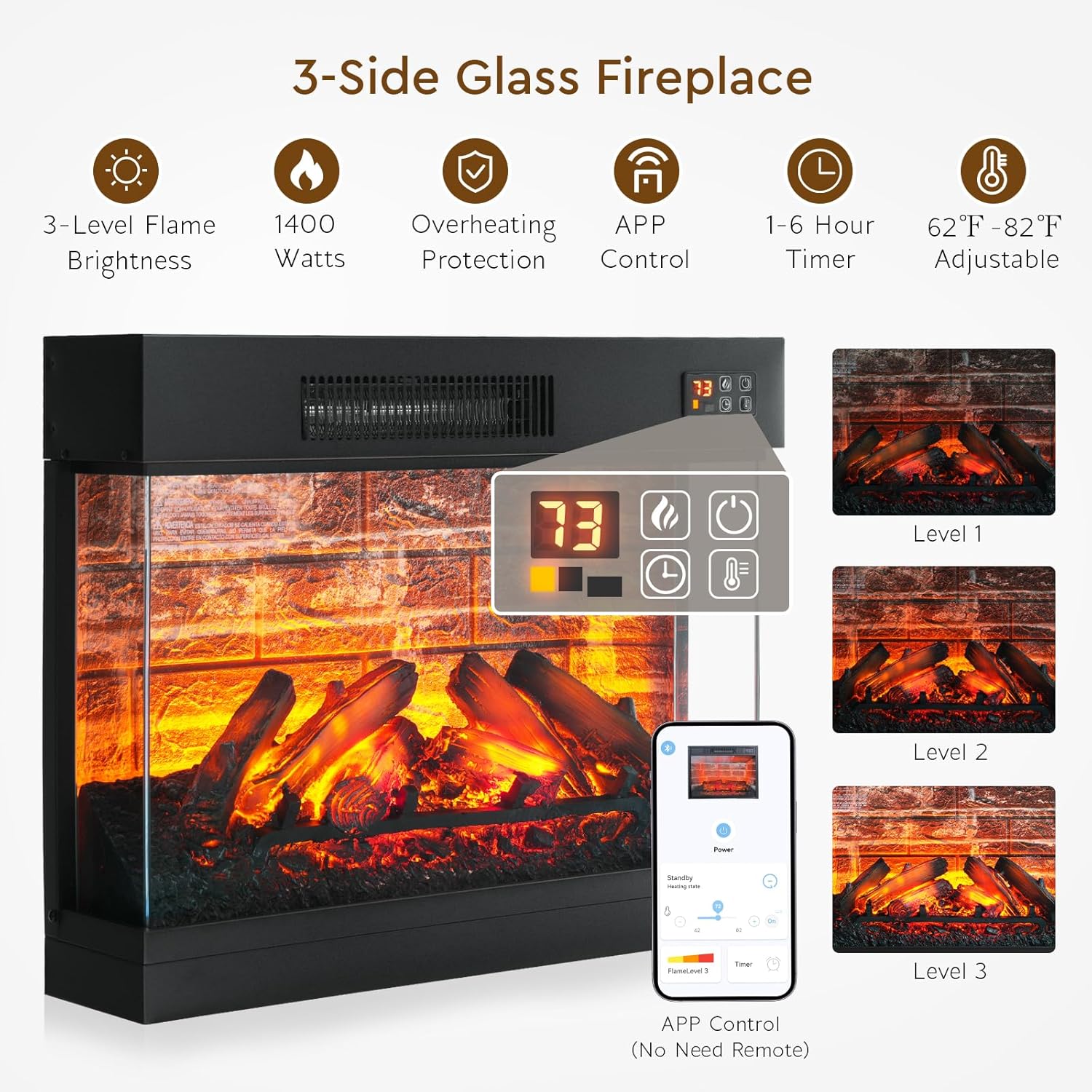 LGHM LED Electric Fireplace TV Stand with Outlet, 72'' Fireplace Mantel for TVs up to 80'', Modern Entertainment Center with 3-Sided Glass Fireplace Heater Insert for Living Room, Black