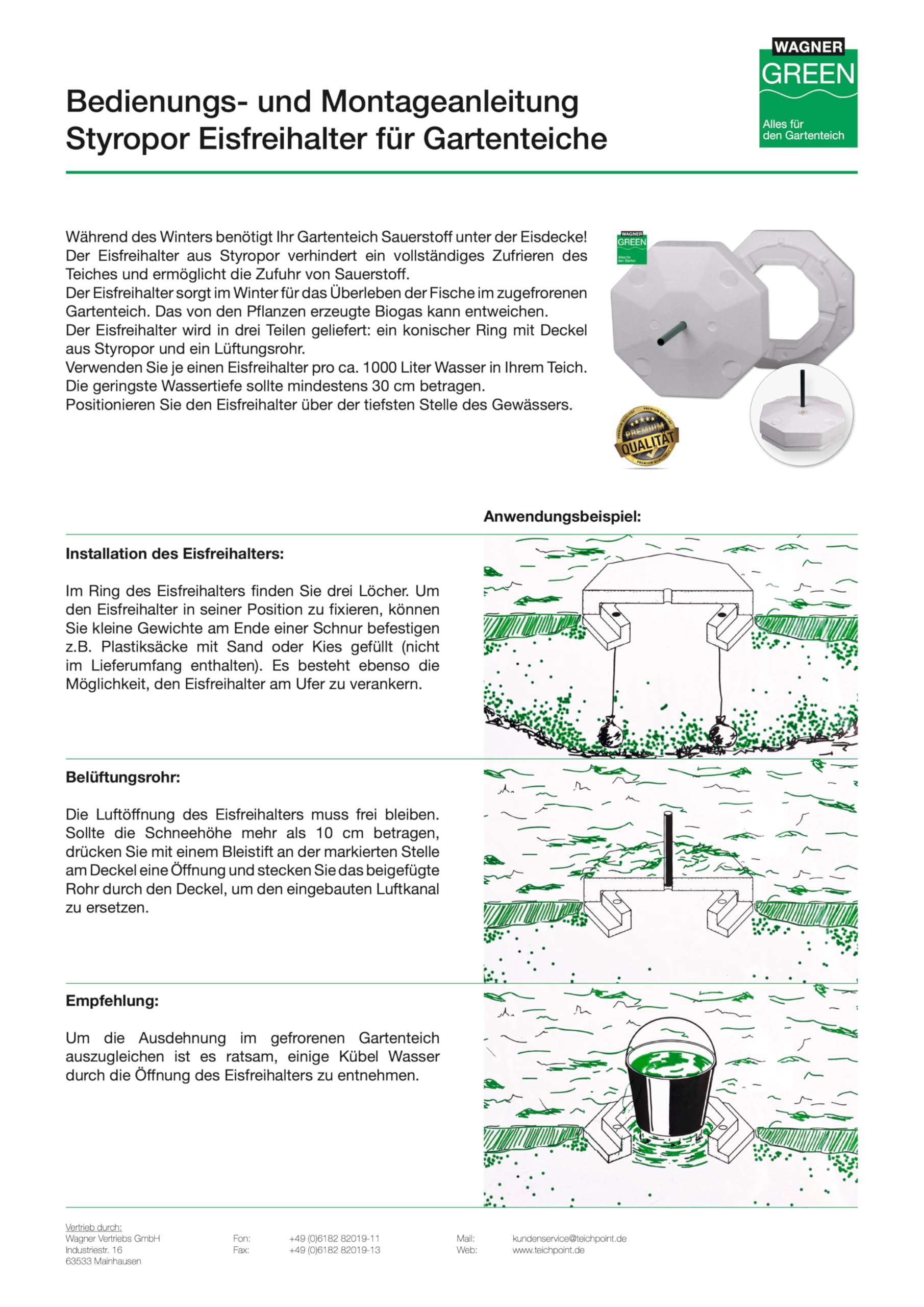 Eisfreihalter für Gartenteich | Styropor Eisfreihalter von Wagner Green | 8-Eckig 40cm mit Lüftungsrohr und Deckel | Hilft den Teich im Winter Eisfrei zu halten - Anti Ice Device