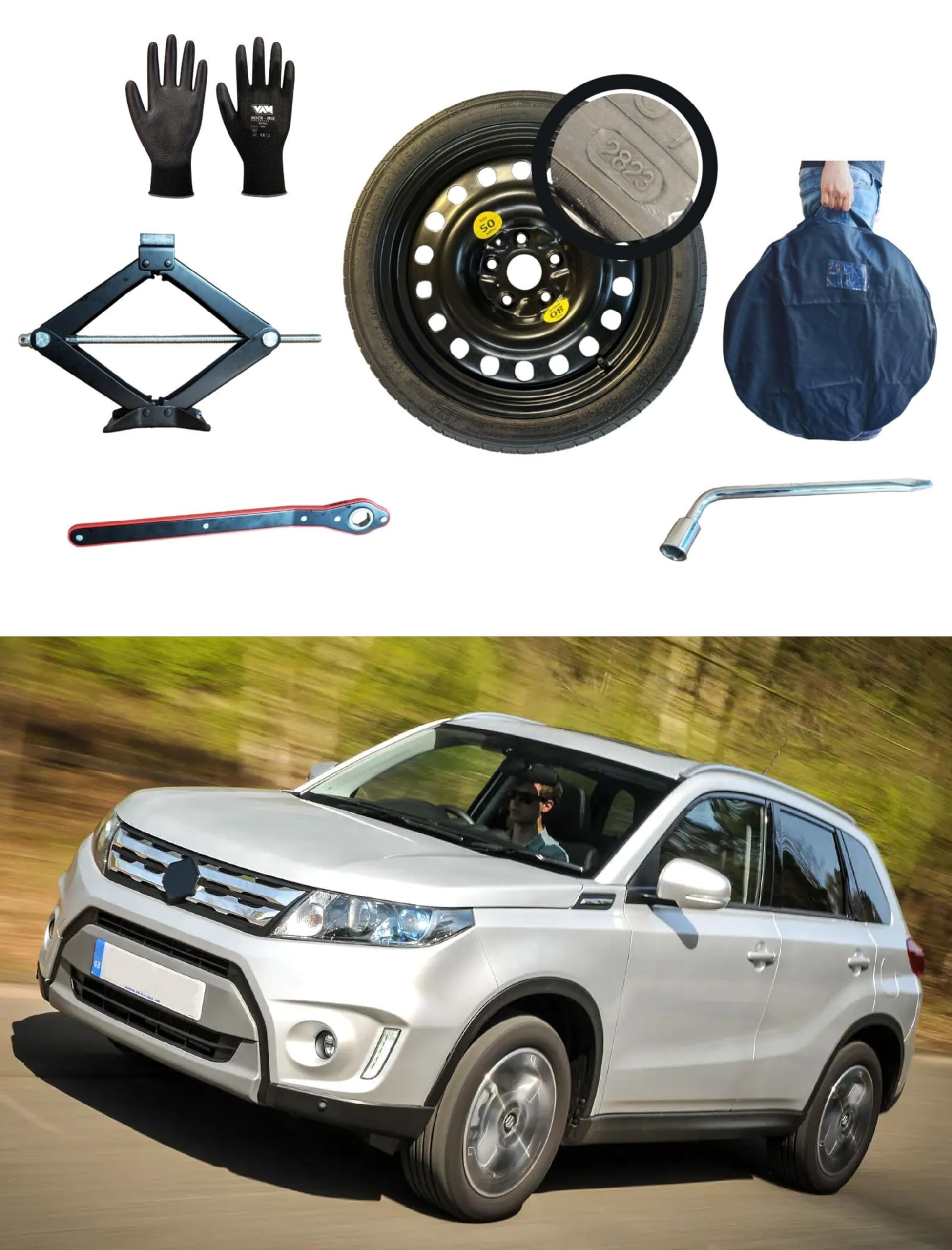 Ersatzrad-Set 16" kompatibel mit Suzuki Vitara mit Hebebock, Schlüssel, Handschuhe und Tasche