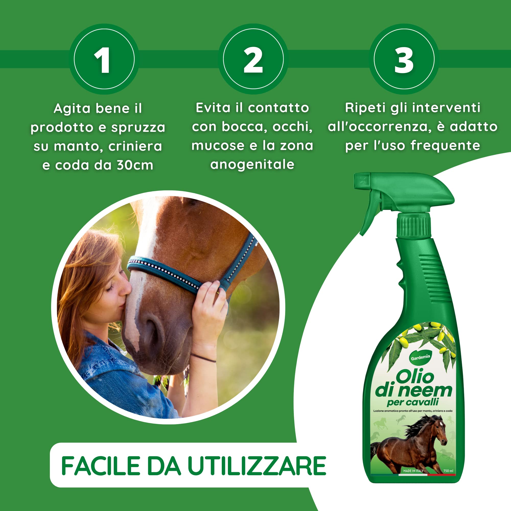 Gardemia Olio di Neem per Cavalli Spray 750ml Sgradito a Zecche Mosche Pulci Zanzare Tafani Insetti con Geranio e Citronella Azione Naturale abbinabile a Repellente Antiparassitario Aroma Gradevole