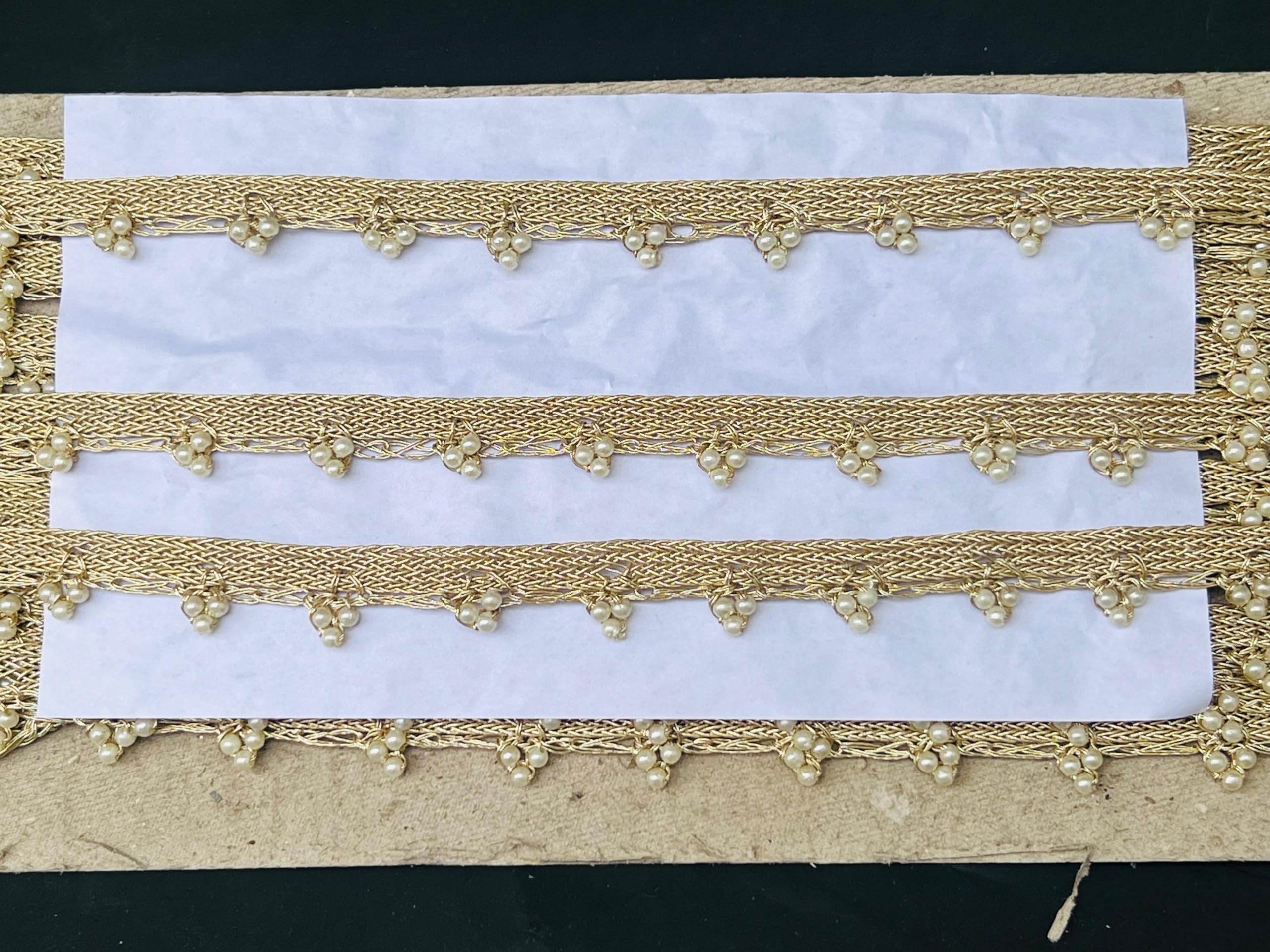 KAVYA FASHION Golden Nalki Pipe with Moti Hanging Lace for Saree Border Finetage - Dresses, Lehenga, Suits, Blouses, Dupatta, Chunri and Craft (9 Meters; 354 inch) (White Moti Hanging) 3