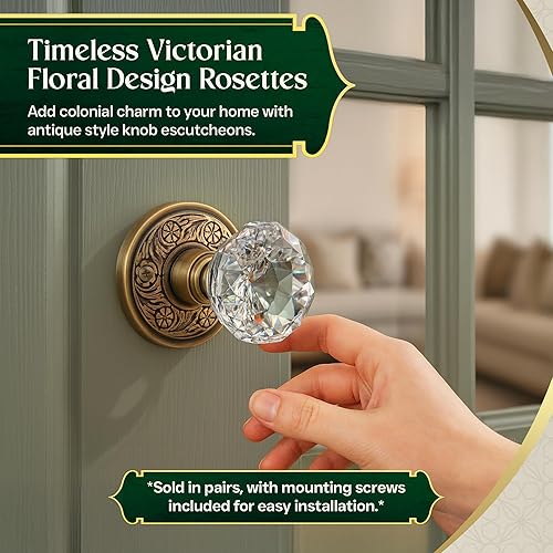 Miniatura 9 de Renovators Supply Manufacturing Pomo de puerta victoriano de latón rossettes par de placa trasera de 2 pulgadas de ancho, perilla tradicional para