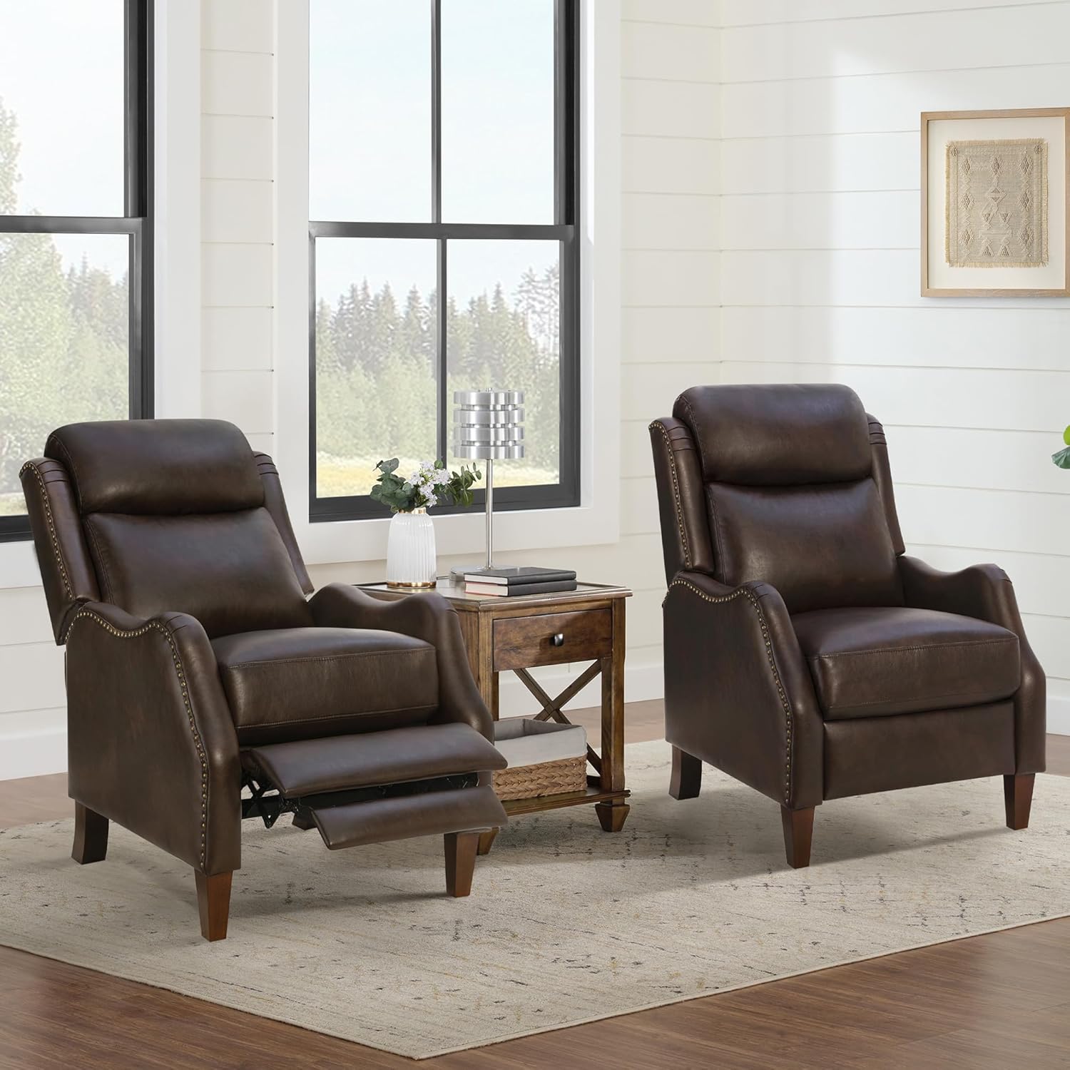Leather Pushback Recliner Faux Armchair with Rivet Decoration Single Sofa Accent Chair for Living Room Bedroom Espresso 2 PCS