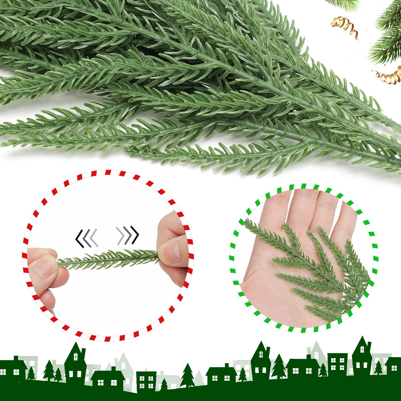VICAMB 100 Stück Weihnachts-Tannennadeln, Zweige, 37,8 cm, künstliche grüne Tannennadeln, Zweige, künstliche grüne Tannenstiele, Weihnachts-Kiefernspieße für Xmax, DIY-Girlande, Heim-/Gartendekoration