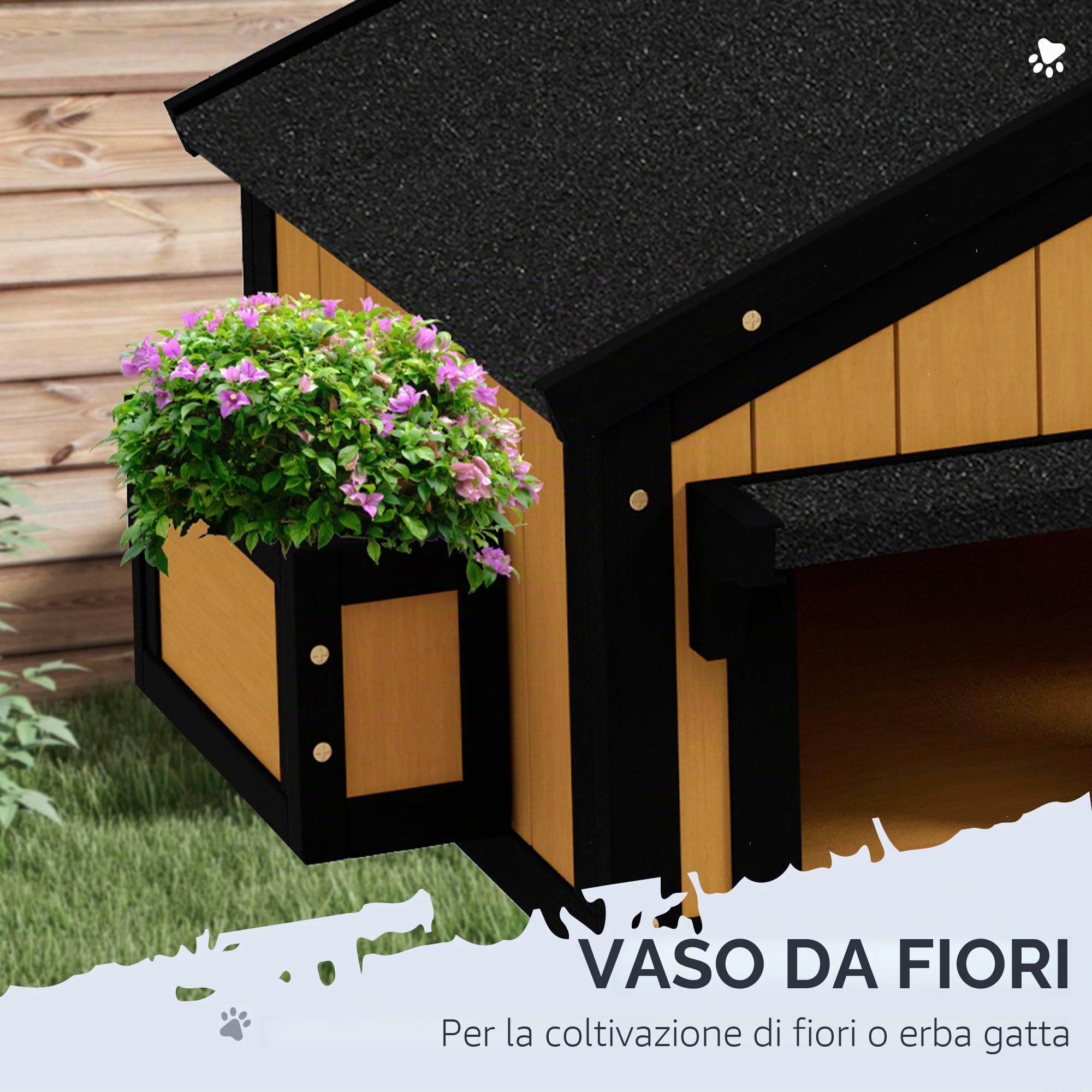 Casetta per gatti PawHut, in legno di abete, rifugio per gatti con diverse entrate, 2 piani, grotta per gatti all'aperto, casetta per animali con tetto in asfalto, fioriera, resistente all'inverno,