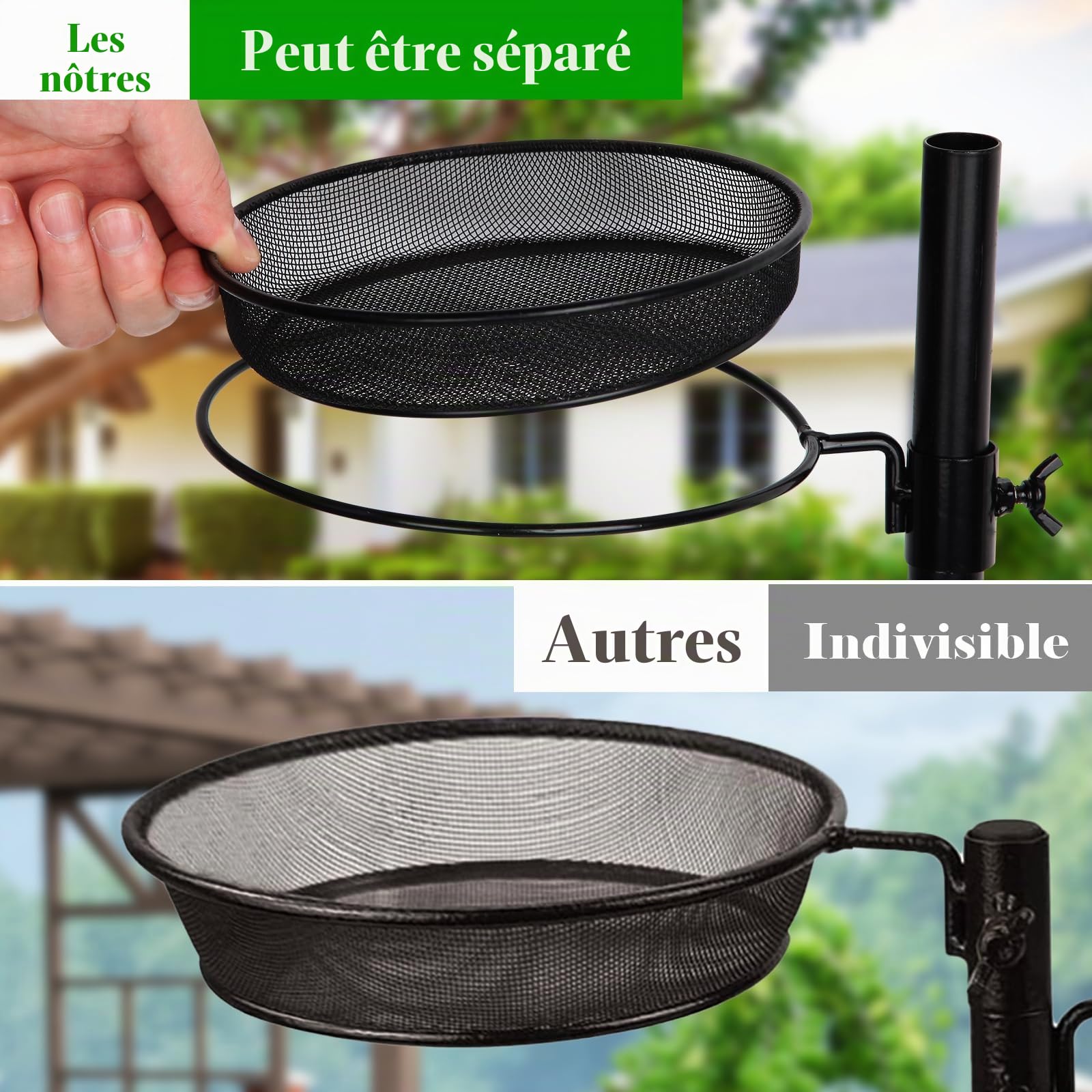 HRAYLTOP Le Distributeur de Nourriture pour Oiseaux Suspendu et Abreuvoir pour Oiseaux,avec Hauteur 92 cm,Support de Balcon en métal 2 en 1, Bain d'oiseaux,Noir