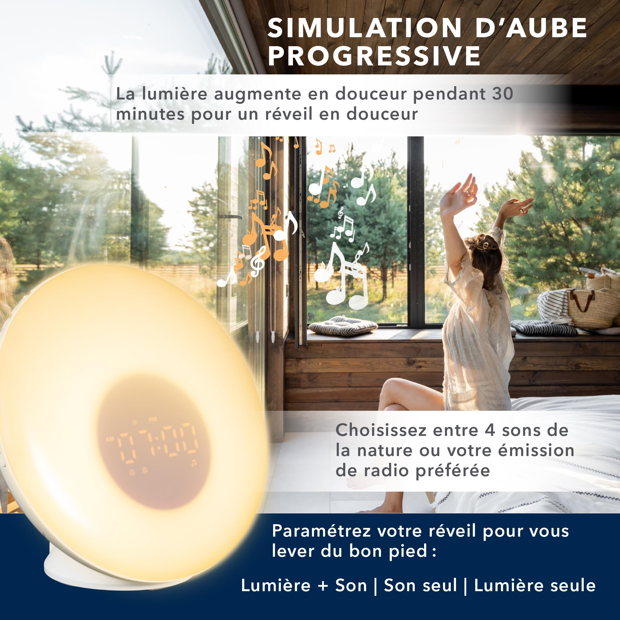 Lanaform - WL-100C - Simulateur D’aube Et De Crépuscule Connecté - Réveil Lumineux - Imite Le Lever Et Le Coucher Du Soleil - Aide À L'endormissement Avec Sons Neutres Et Ondes Alpha - 2 Alarmes