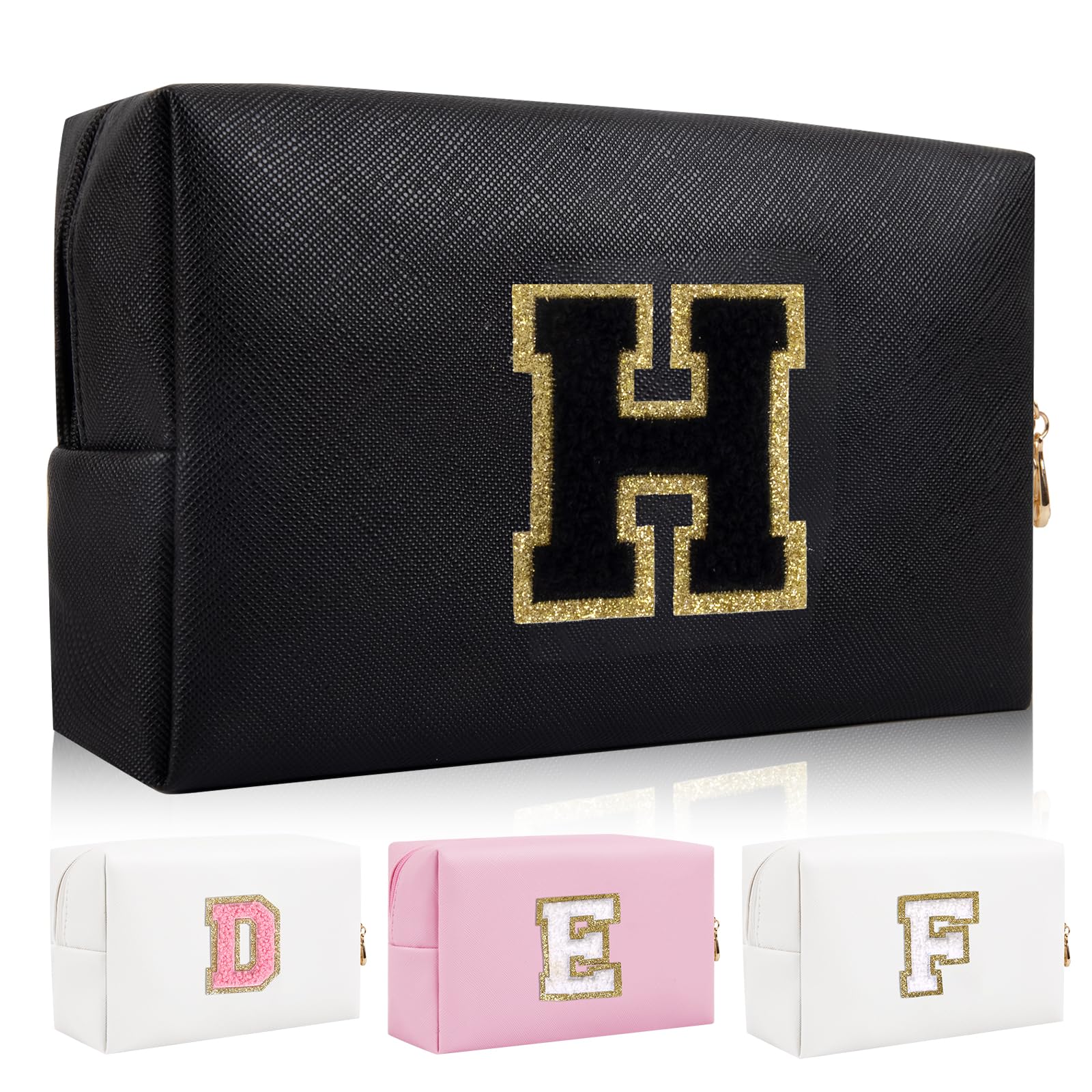 Personalized Initial Letter Patch Makeup Bag, Preppy Portable Chenille Letter Cosmetic Bag with Zipper, PU Leather Waterproof Travel Toiletry Bag