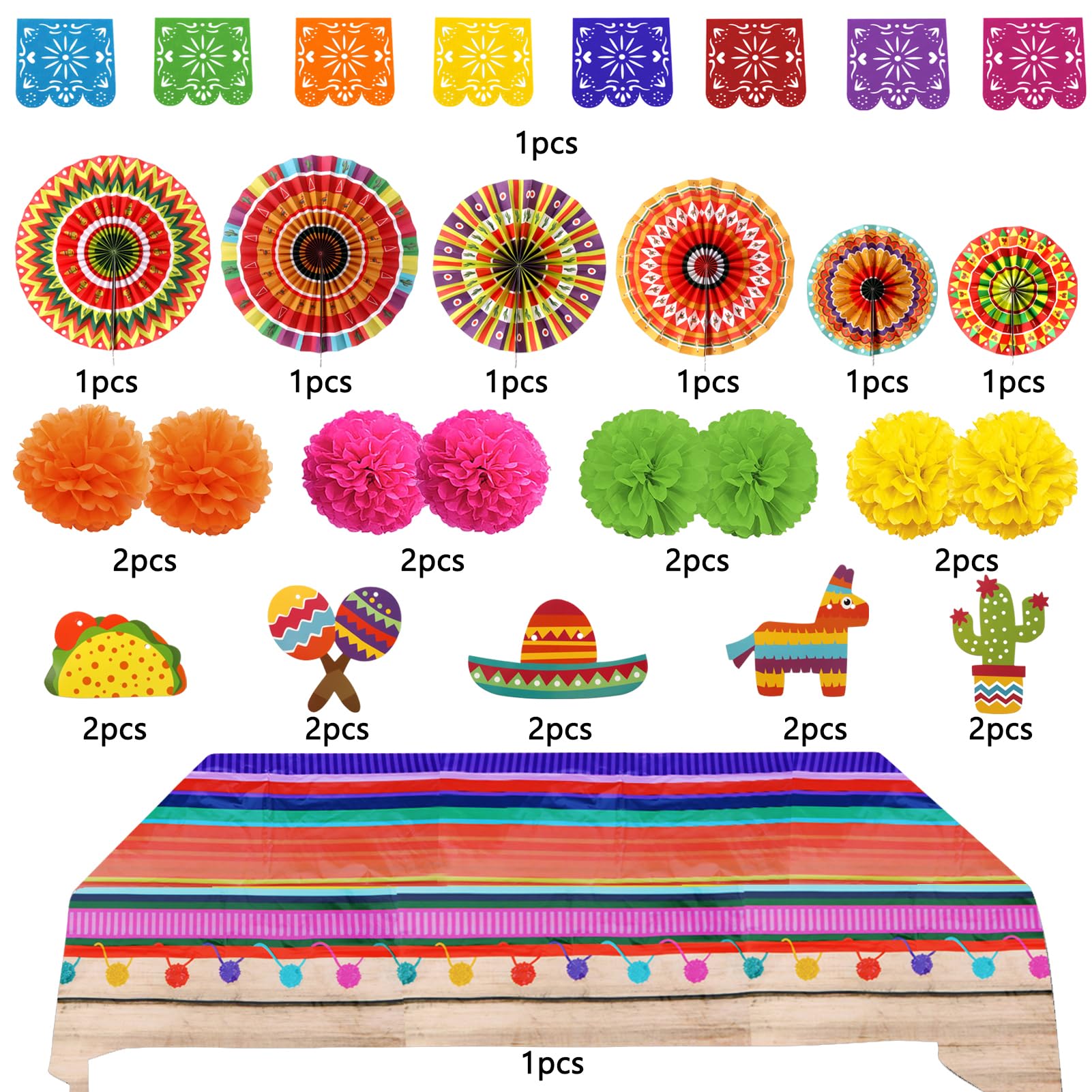 Fiesta Party Dekorationen, Mehrfarbige Tischdecken Papierfächer Pompons Dekorationen Mexikanisches Kunststoff Papel Picado Banner für Fiesta Mexikanischer Cinco de Mayo Taco-Geburtstag