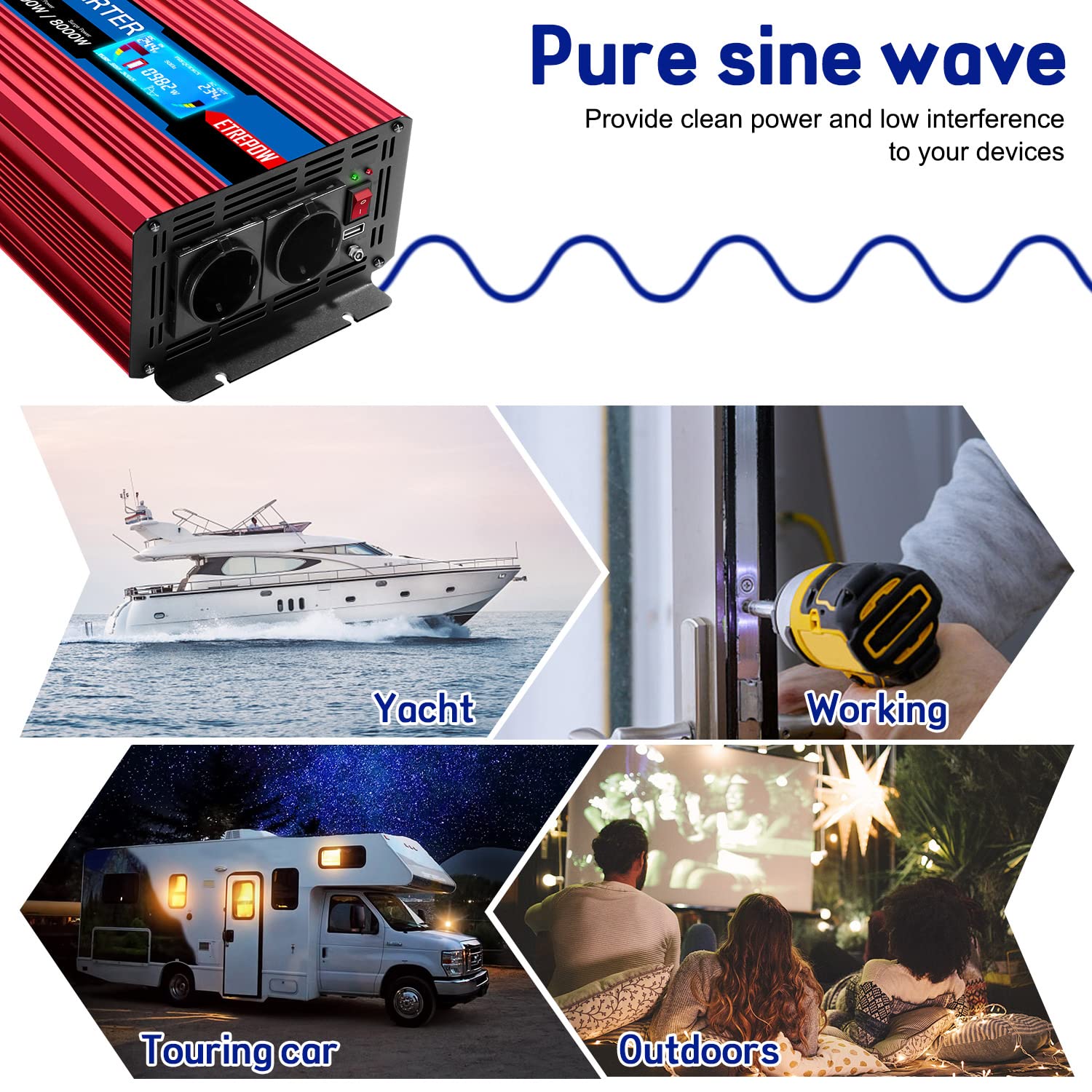 4000W Inverter 24v 220v Onda Sinusoidale Pura | Trasformatore con 2 Prese EU e una USB, Telecomando Senza Fili e Display LCD - Picco 8000W