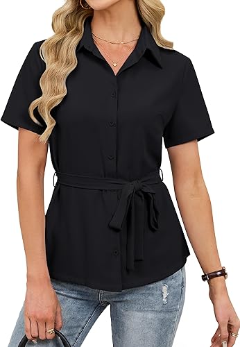Blooming Jelly Womens Button Down Shirt Collared Bow Belt Short Sleeve Business Causal Tops Summer 2026 Fashion Trendy Dressy Elegant Work Blouse (Medium, Black)