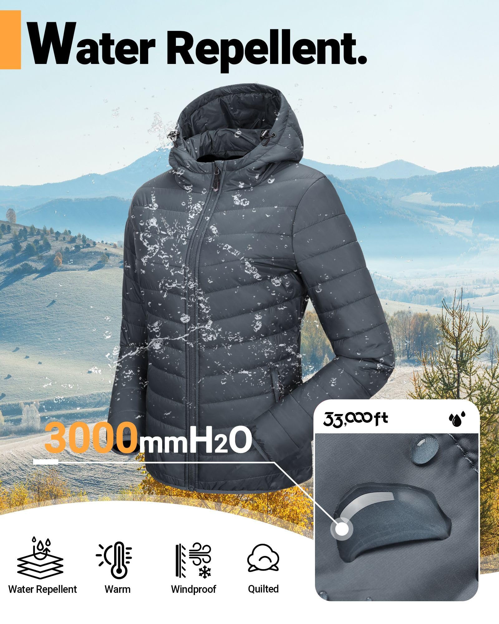 33,000ft Chaqueta acolchada con capucha para mujer, ligera, cálida y acolchada