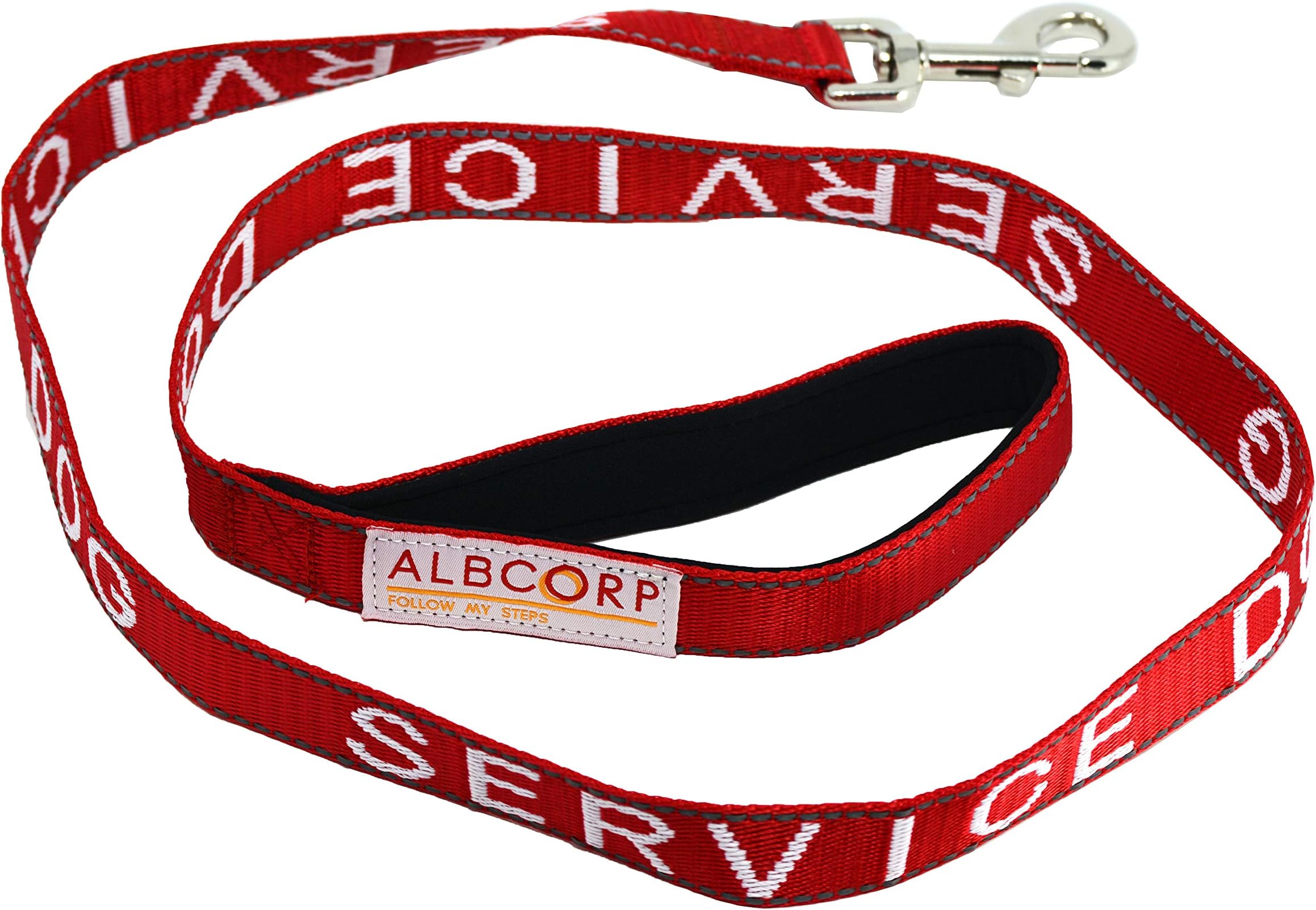 Albcorp Service Dog Leash - Embroidered- with Padded Neoprene Handle and Reflective threads, 4 Feet, for Harnesses, Vests or Collars, Red