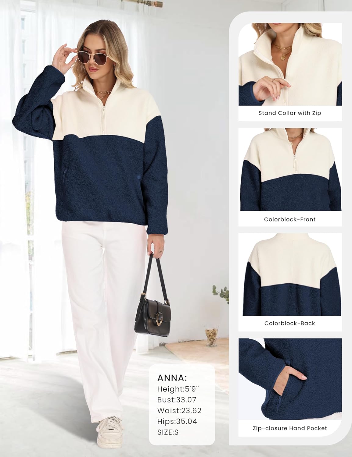 Womens Colorblock Fleece Jacket Half Zip Mockneck Sherpa Pullover Hiking Outdoor Sweatshirts with Pockets - Image 5