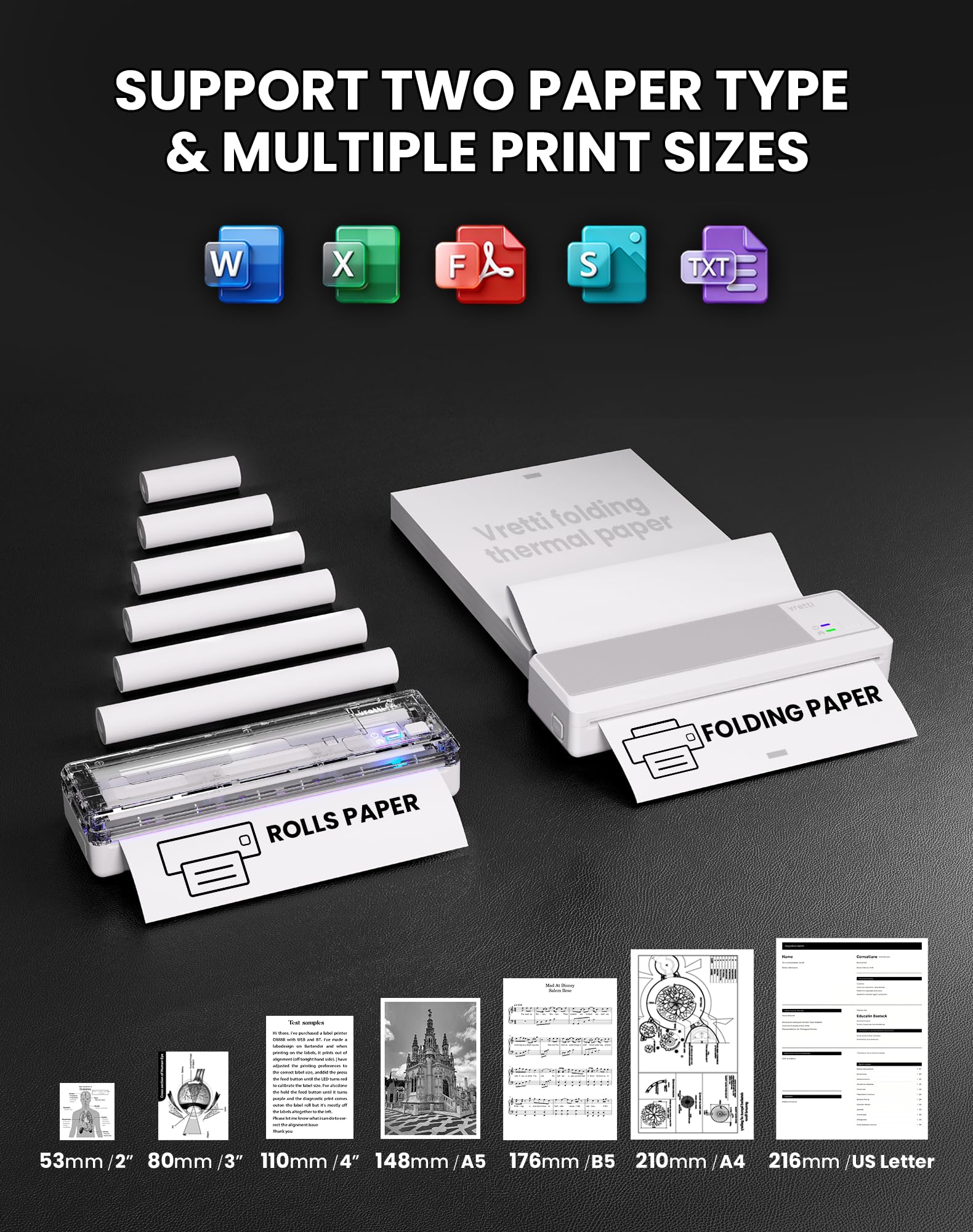 vretti P83 Impresora móvil A4 para Viajes, Impresora térmica A4 Compatible con Android e iOS, Compatible con Papel térmico A4 de 210 x 297 mm para el hogar, Oficina, Foto