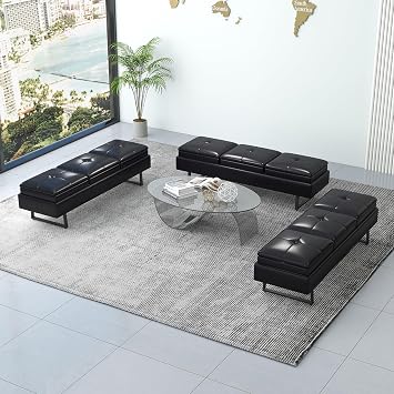 Office Guest Reception Bench - 3 Seat Leather Waiting Room Seating with Cushion, Upholered Waiting Room Bench, Office Furniture Lobby Chairs for Salon, Shop, Set of 3, Black