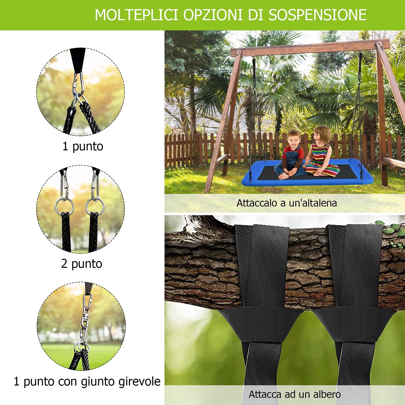 GYMAX Altalene da Giardino per 2-3 Bambini, Sedia Sospesa Grande, Altezza Regolabile, in Tessuto Oxford, Telaio Metallico, Resistente e Impermeabile, Facile da Montare (Blu-1)