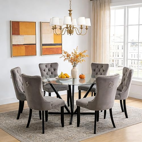 Juego de mesa de comedor de cristal negro de lujo moderno de 45 pulgadas para 6, 7 piezas redondas de vidrio templado para cocina y comedor con Mesa