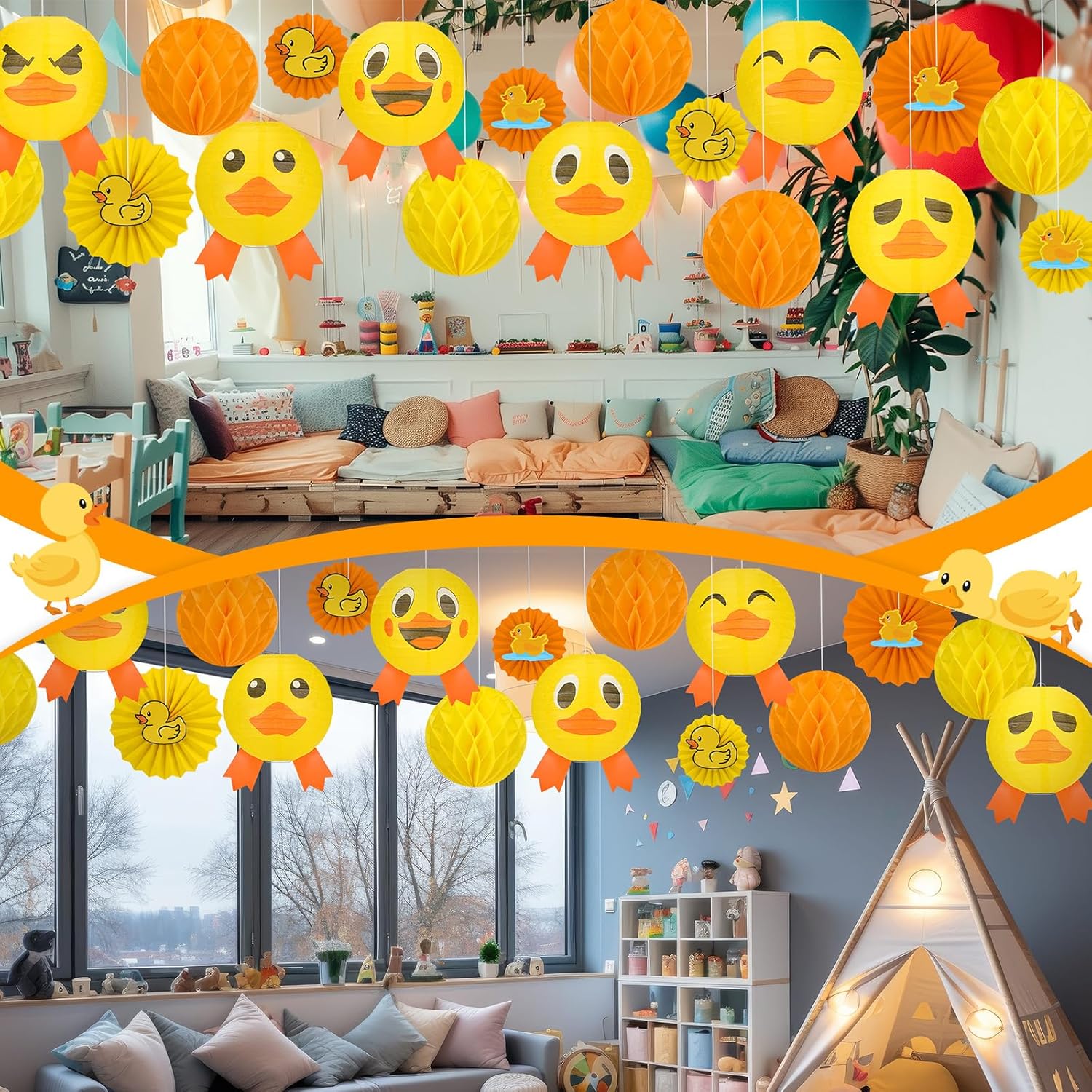 Retisee 18 Pcs Rubber Duck Party Decoration Yellow Duck Hanging Paper Lantern Honeycomb Fans Honeycomb Ball for Themed Birthday Party Ceiling Decor Supplies