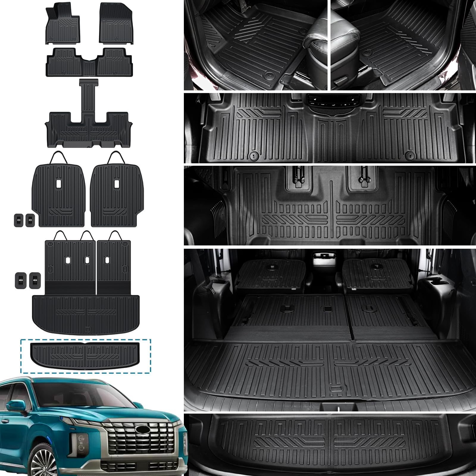 Cargo Mat with Backrest Mats Trunk Lower Mat Floor Mats Set for 2020-2024 Hyundai Palisade Accessories, All-Weather TPE Protector Cargo Liner for Hyundai Palisade Accessories