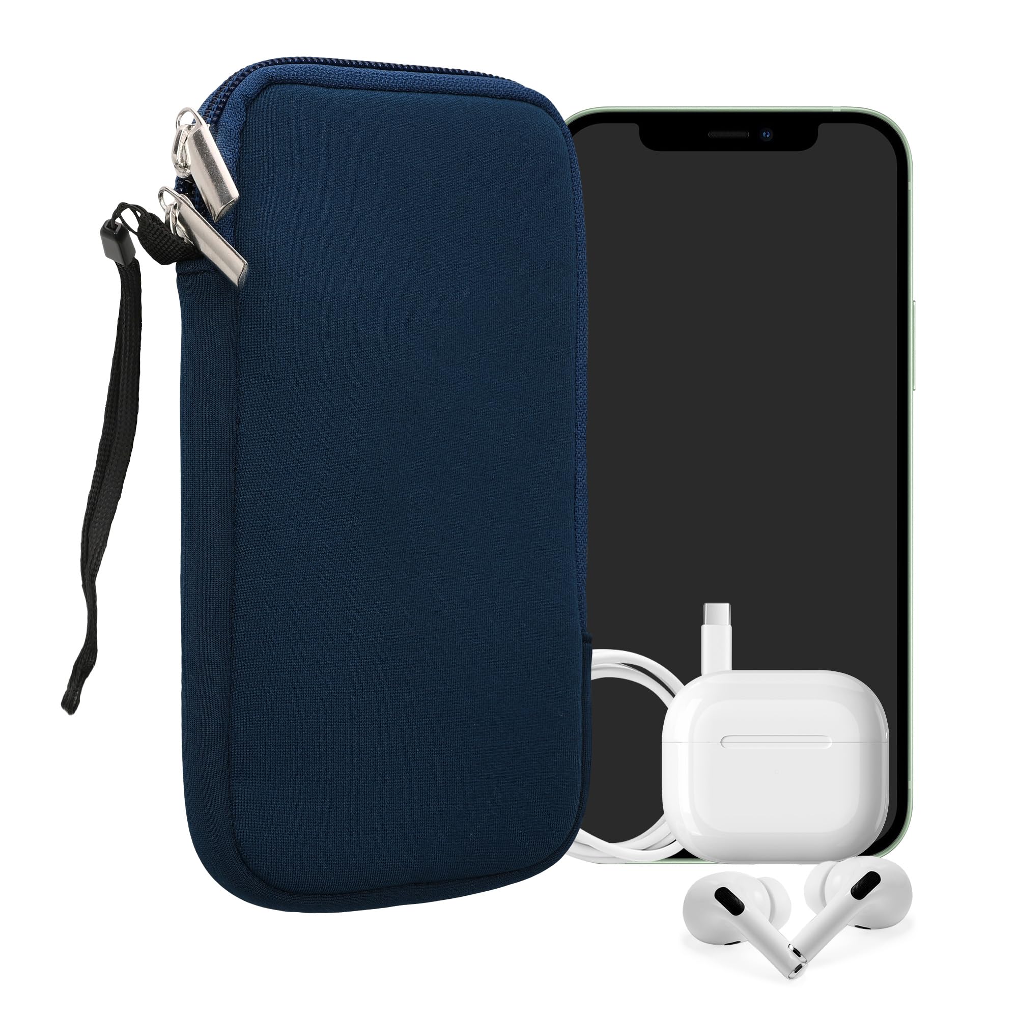 kwmobile Neoprene Phone Pouch Size XL Universal Cell Sleeve  Mobile Bag with Zipper, Wrist Strap Navy Blue