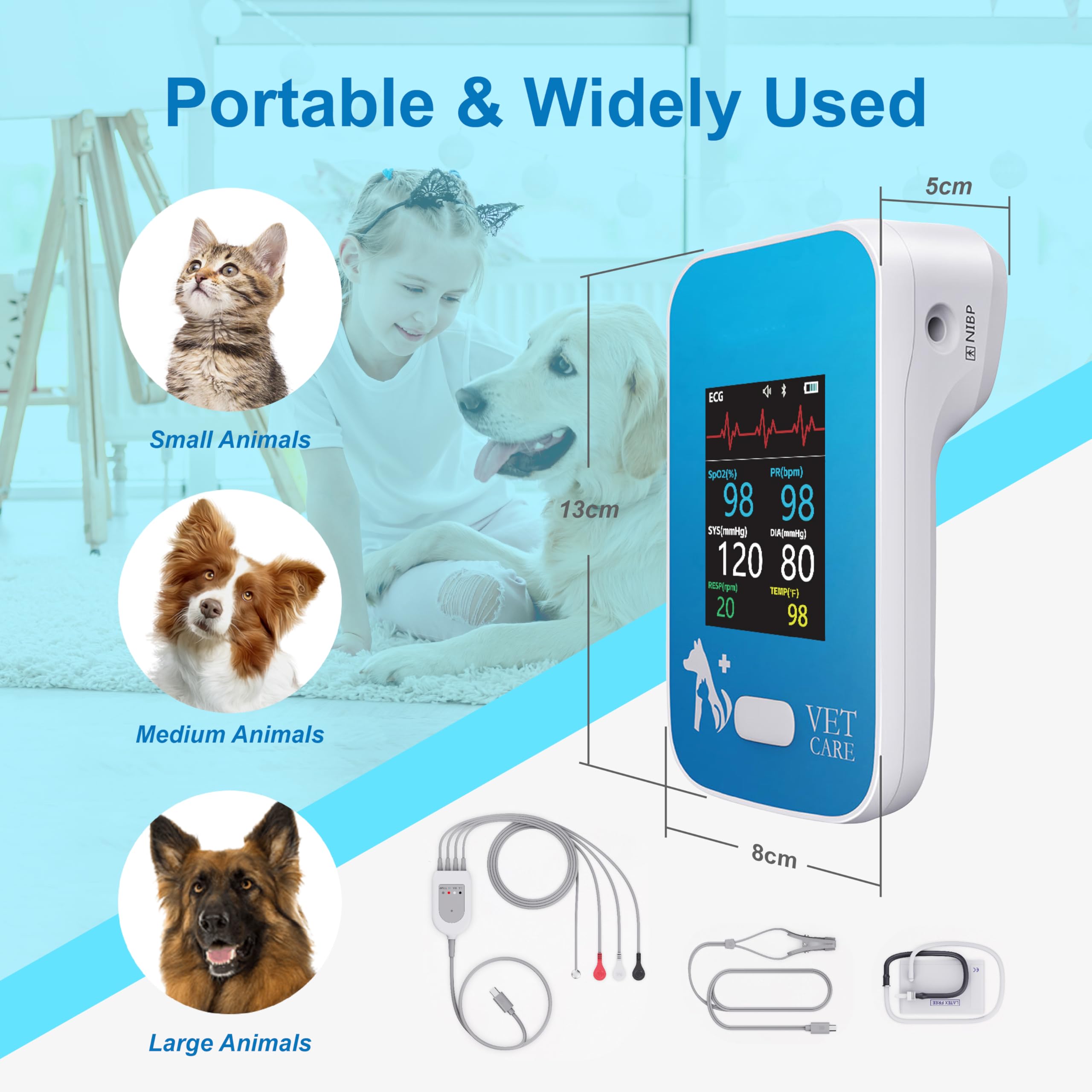 Monitor veterinario para perros, gatos, mascotas, equipo de monitoreo de pacientes veterinarios de 6 parámetros, monitor recargable de signos vitales de animales, monitor de presión arterial