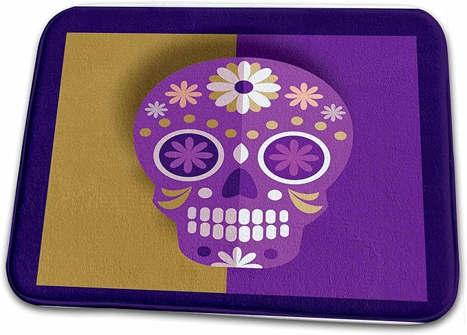 3dRose Bathroom Bath Rug Mat - Sugar Skull Purple Gold Decorated White Flowers Sugar Skulls