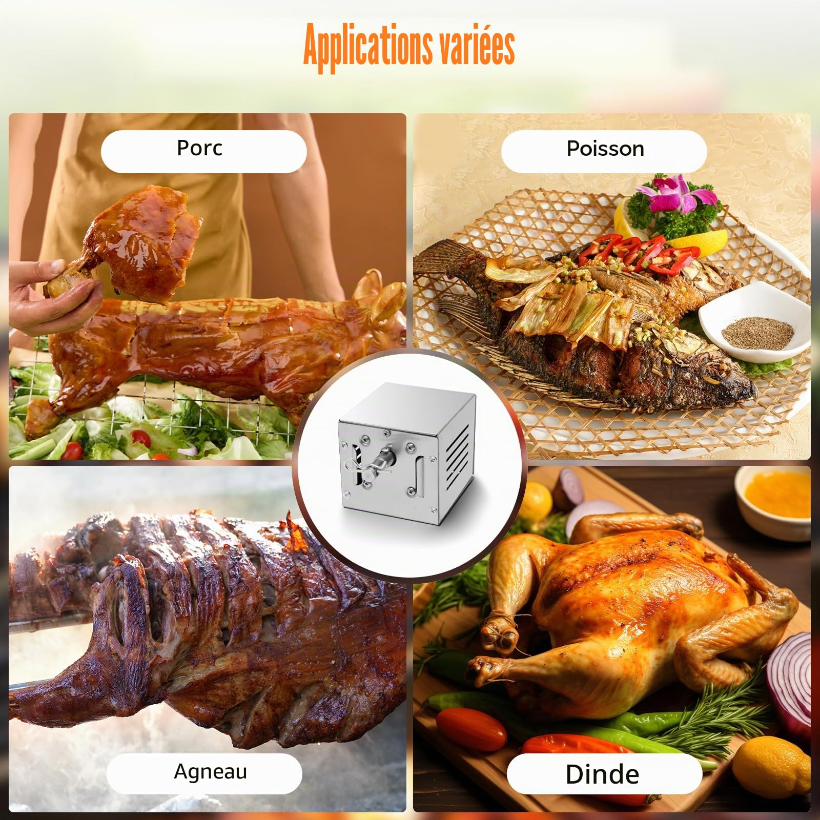 Moteur de barbecue en acier inoxydable 2,5 tr/min, pince à viande pour barbecue, couple max. 100 kg, tournebroche électrique, sens de rotation CW/CCW, accessoire de barbecue en acier
